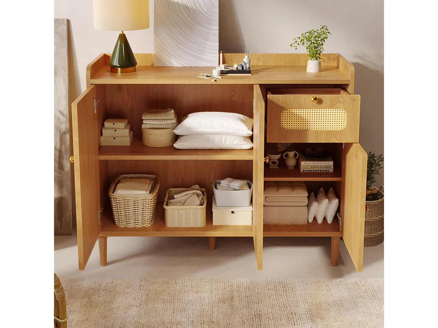 Buffet en rotin tressé avec 3 portes et 1 tiroir - Naturel clair