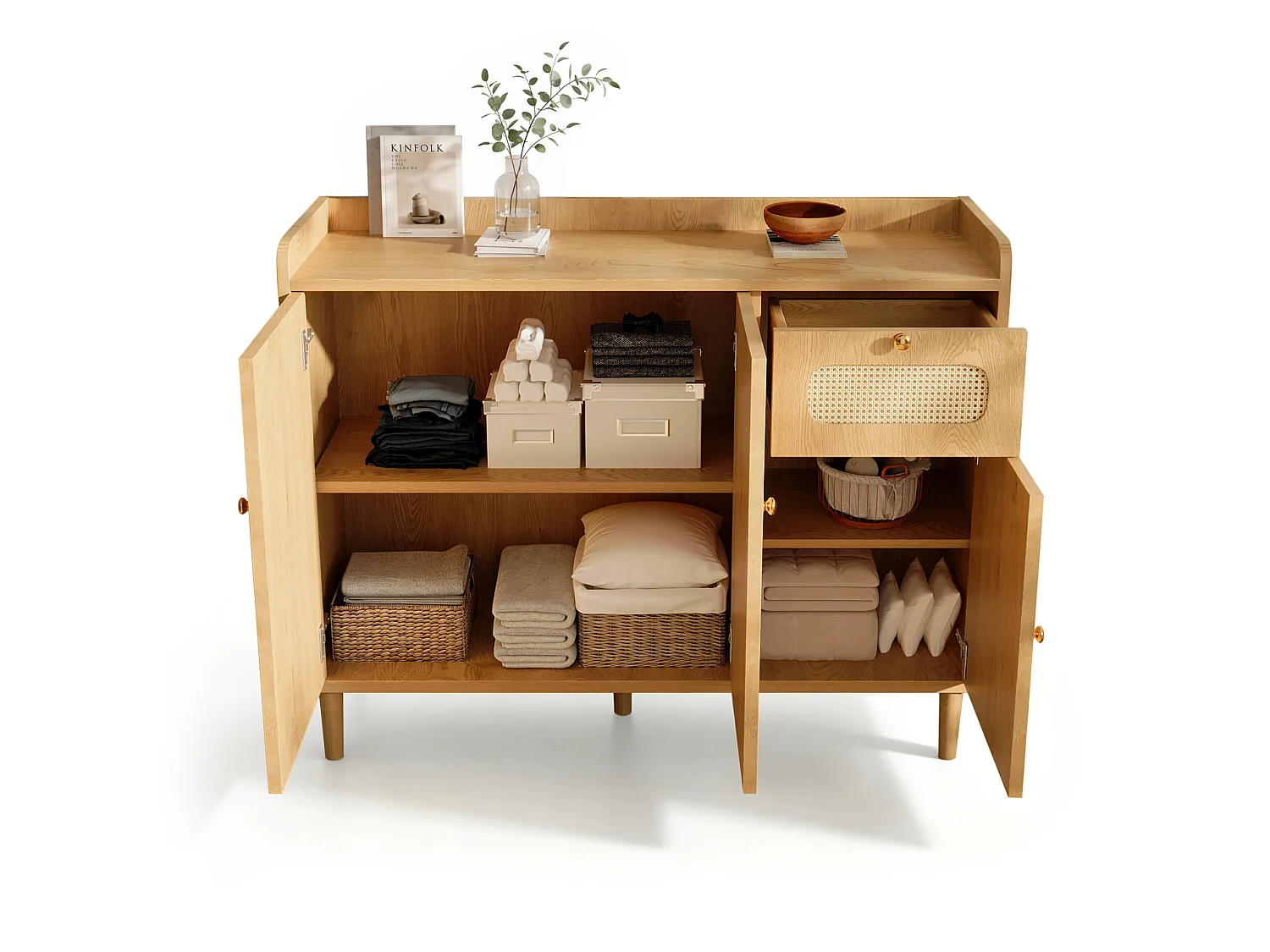 Buffet en rotin tressé avec 3 portes et 1 tiroir - Naturel clair