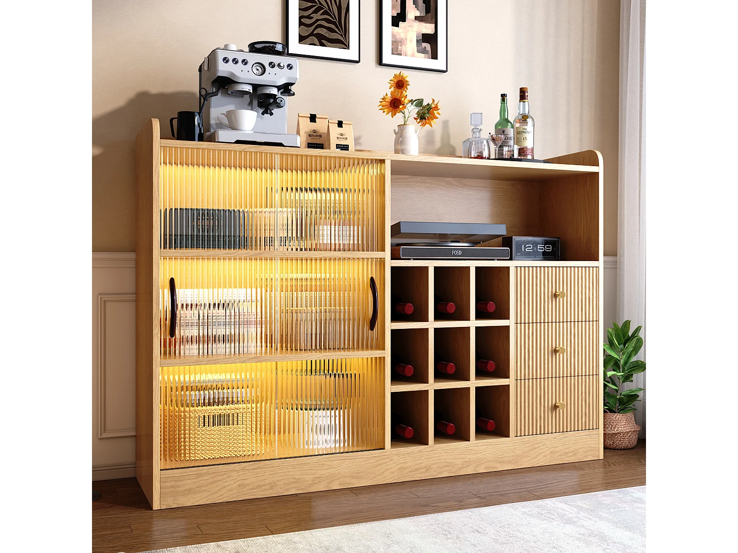 Retro dressoir (120 cm) met dambordvormige wijnvakken, ledverlichting en glazen deuren – Lichte natuurlijke afwerking