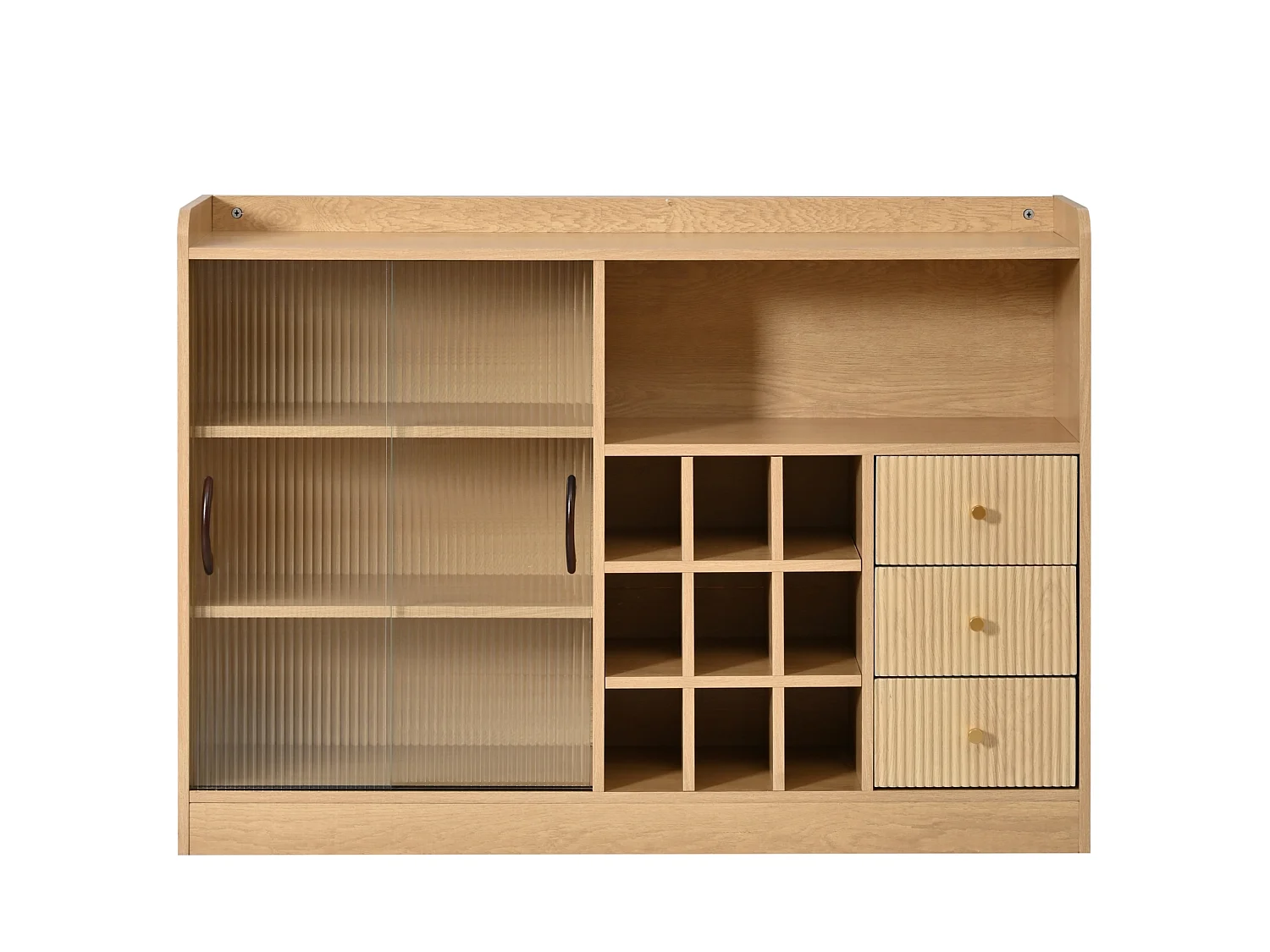Retro dressoir (120 cm) met dambordvormige wijnvakken, ledverlichting en glazen deuren – Lichte natuurlijke afwerking