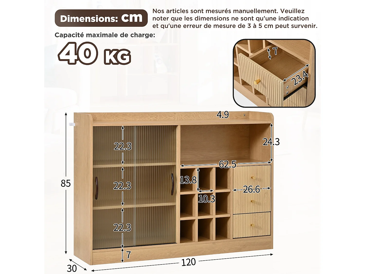 Retro dressoir (120 cm) met dambordvormige wijnvakken, ledverlichting en glazen deuren – Lichte natuurlijke afwerking
