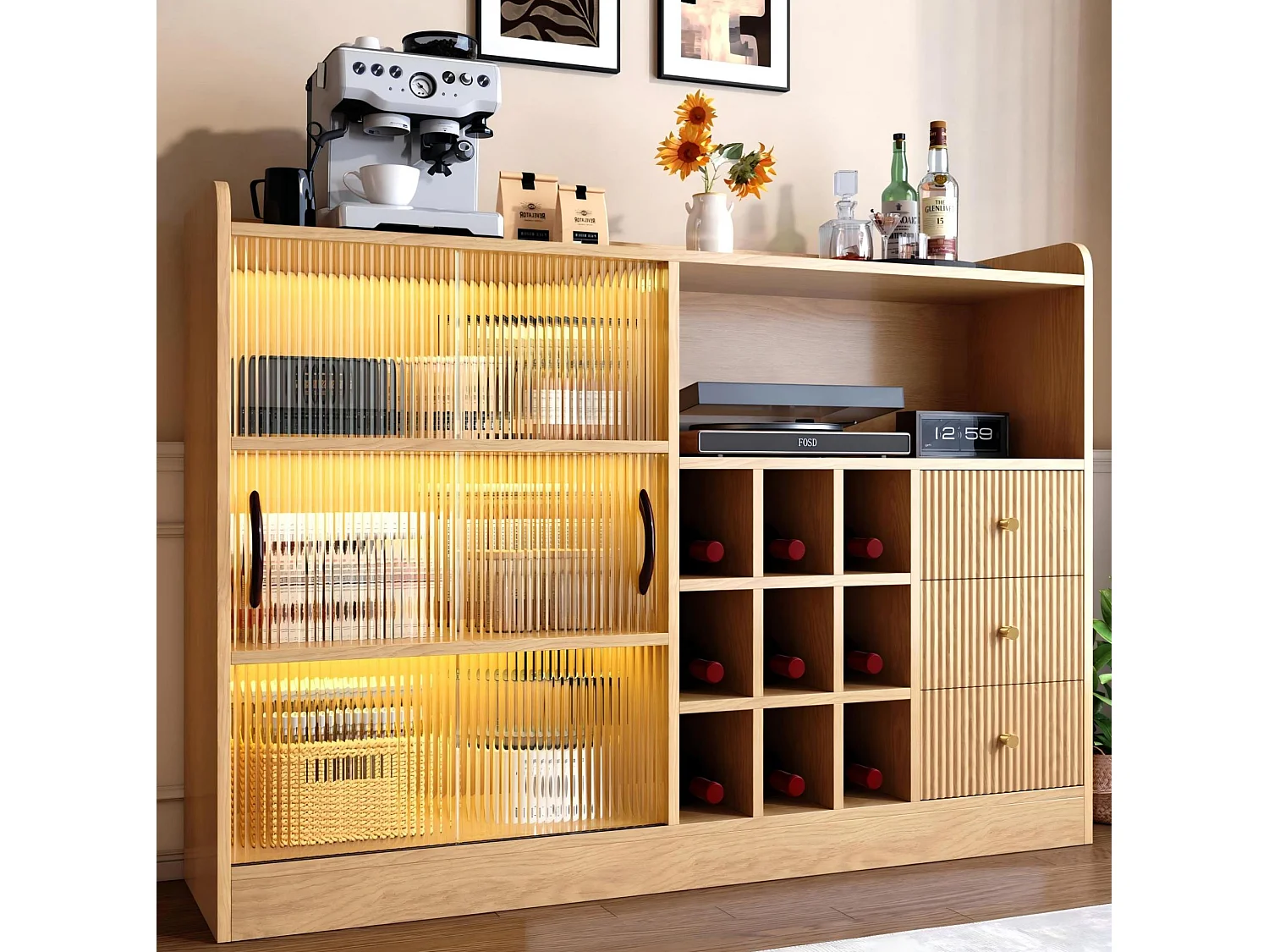 Retro dressoir (120 cm) met dambordvormige wijnvakken, ledverlichting en glazen deuren – Lichte natuurlijke afwerking