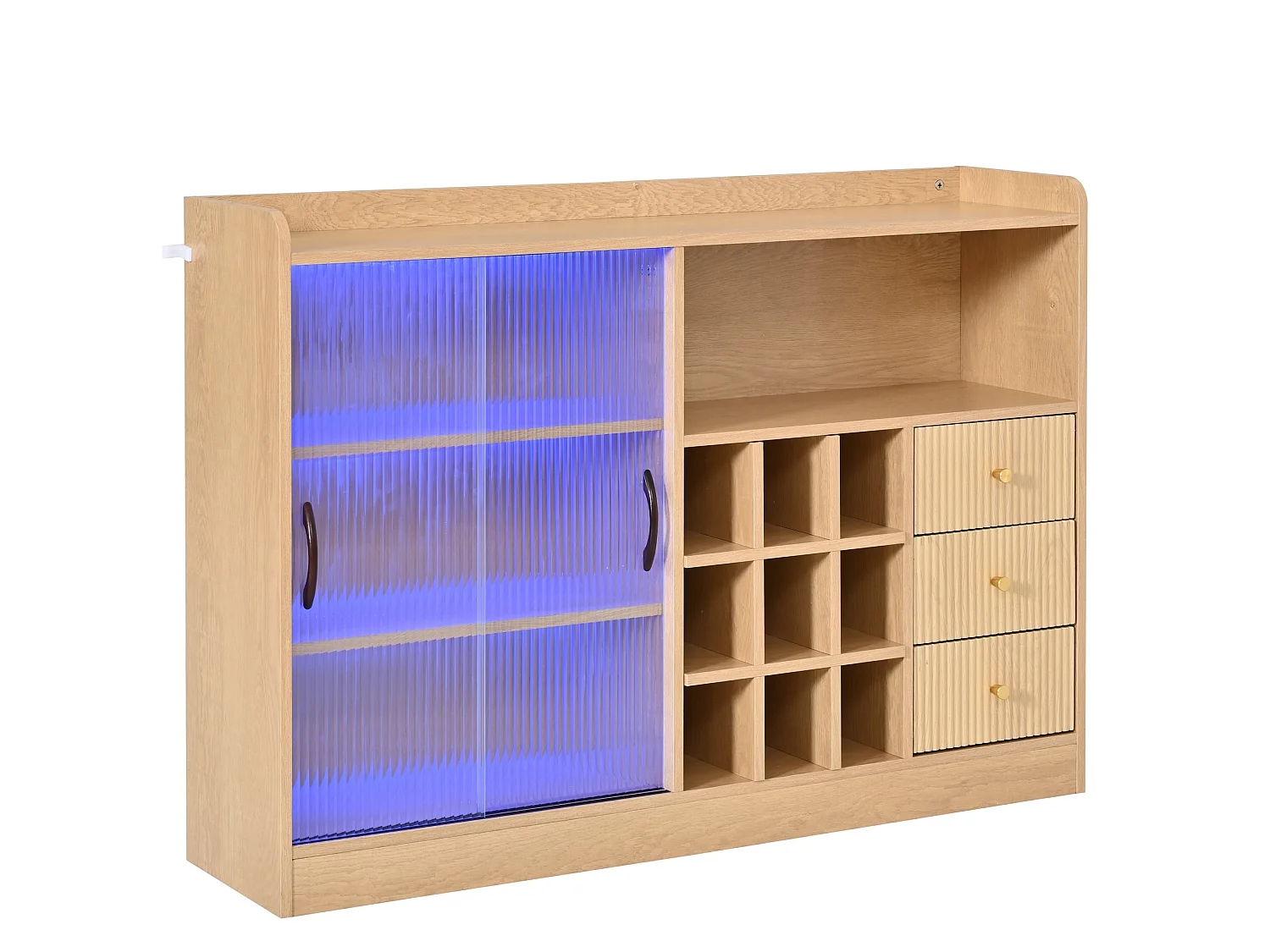 Retro dressoir (120 cm) met dambordvormige wijnvakken, ledverlichting en glazen deuren – Lichte natuurlijke afwerking