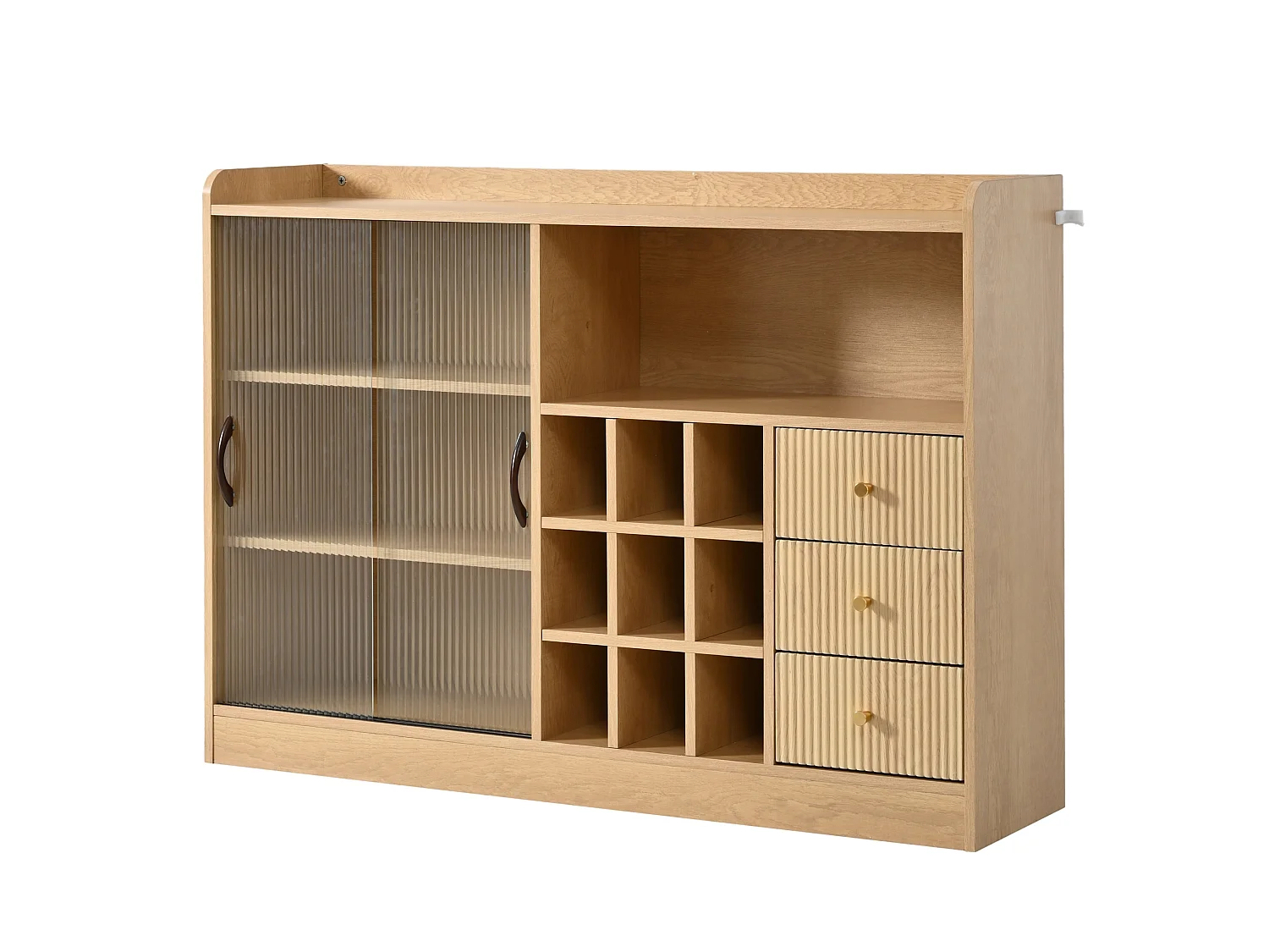 Retro dressoir (120 cm) met dambordvormige wijnvakken, ledverlichting en glazen deuren – Lichte natuurlijke afwerking