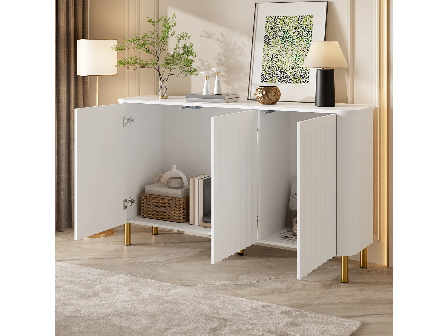 Buffet em MDF com 3 portas e pés em metal – Sem puxadores – Branco