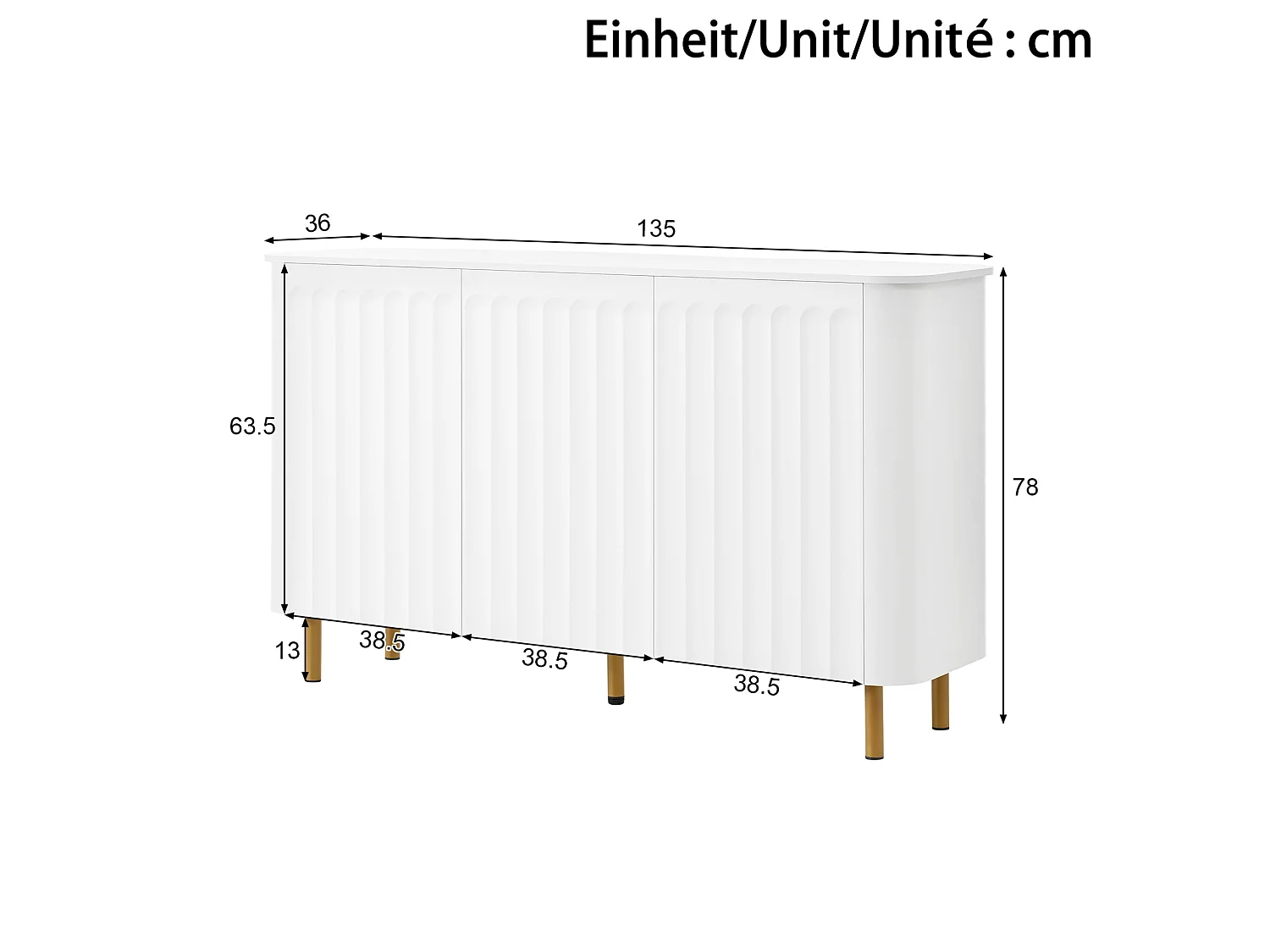 Buffet em MDF com 3 portas e pés em metal – Sem puxadores – Branco