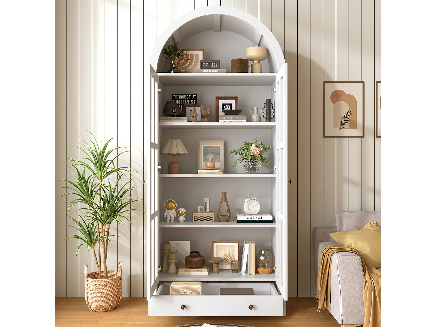 Buffet alto com design arredondado, várias prateleiras e uma gaveta – Branco