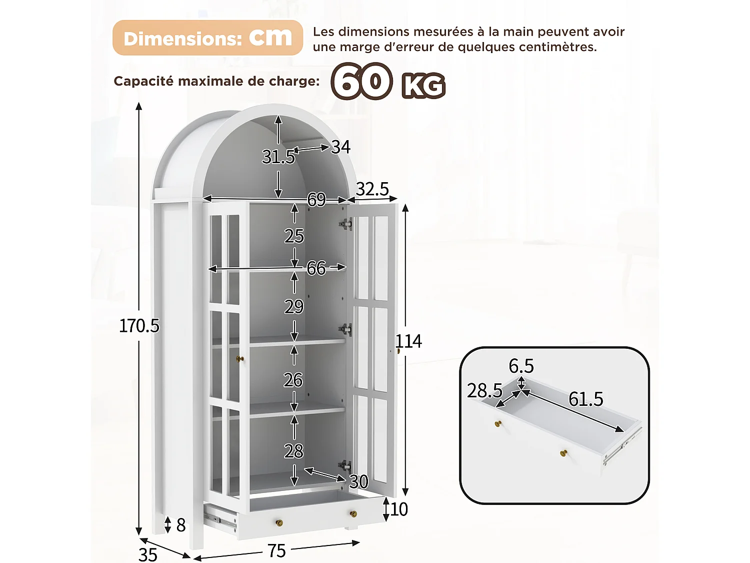 Buffet alto com design arredondado, várias prateleiras e uma gaveta – Branco