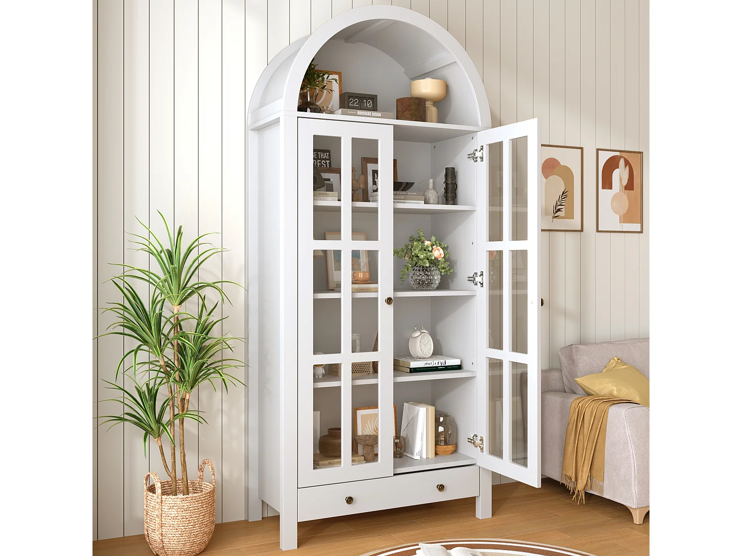 Buffet alto com design arredondado, várias prateleiras e uma gaveta – Branco