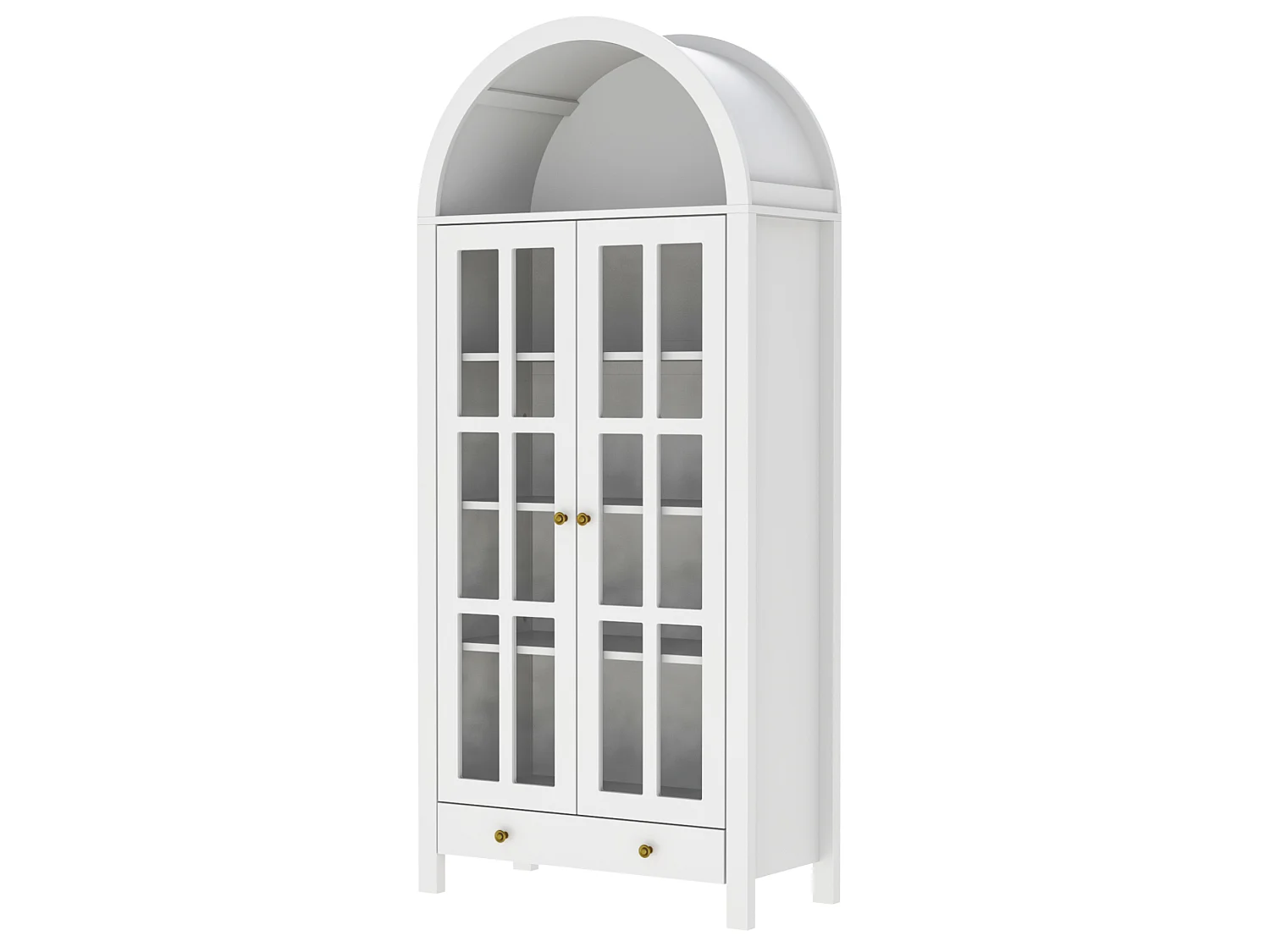 Buffet alto com design arredondado, várias prateleiras e uma gaveta – Branco