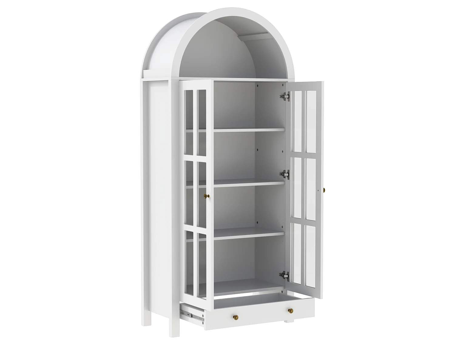 Buffet alto com design arredondado, várias prateleiras e uma gaveta – Branco