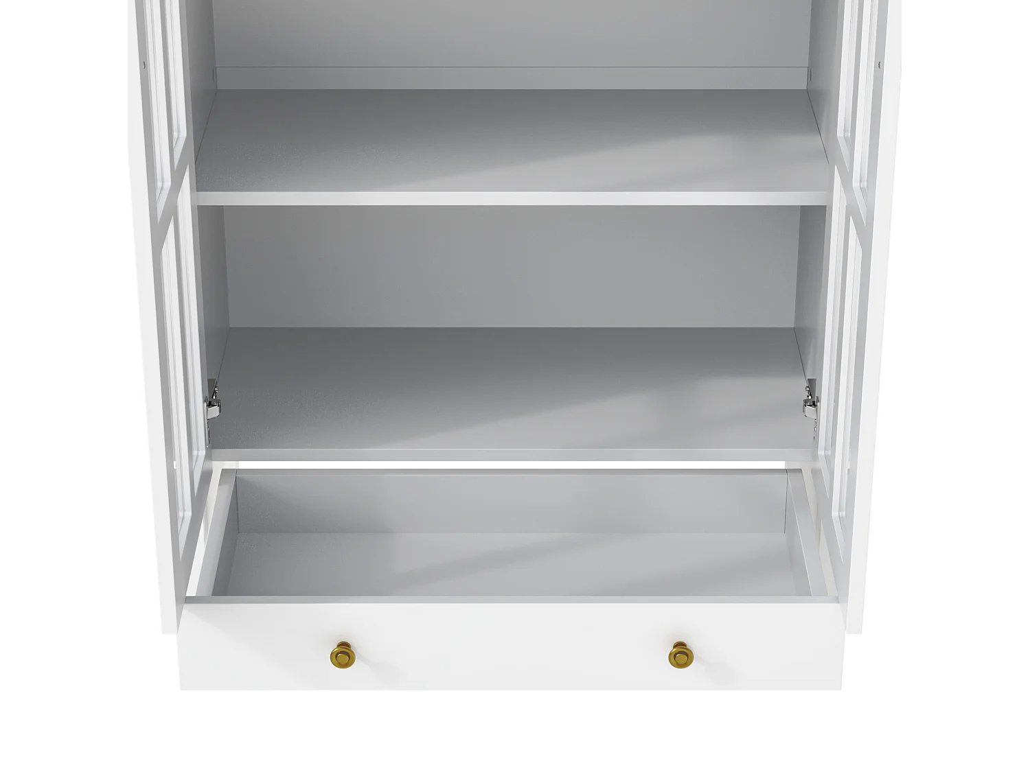 Buffet alto com design arredondado, várias prateleiras e uma gaveta – Branco