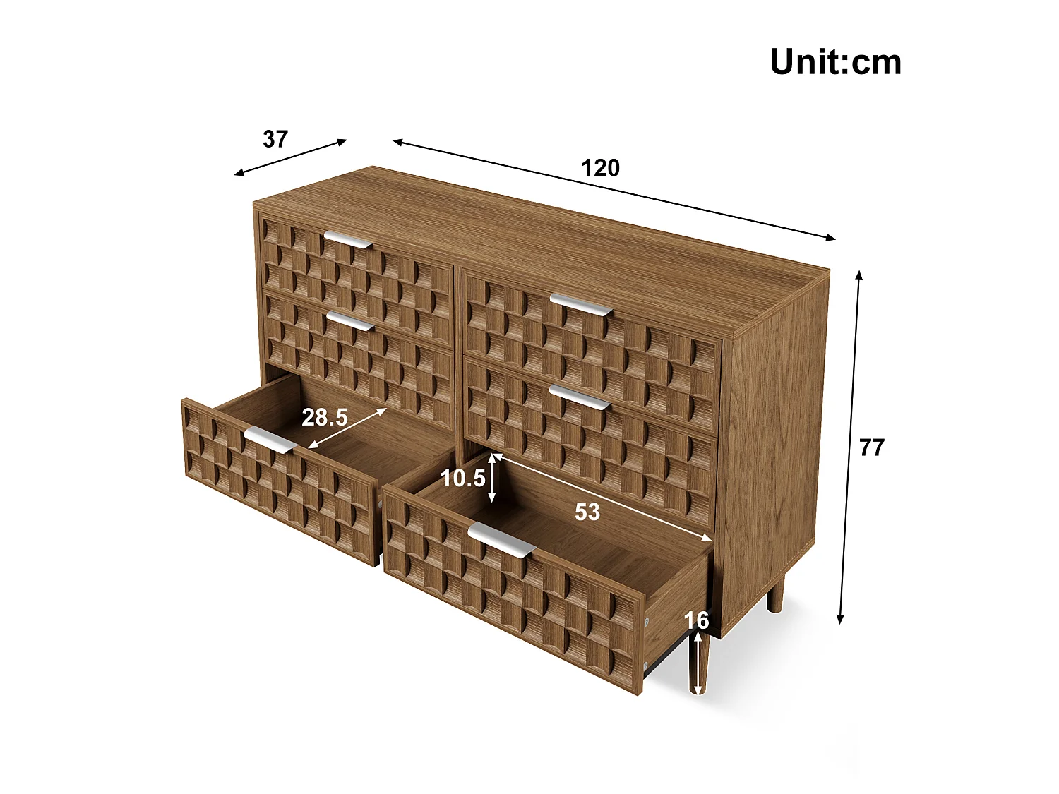 Commode met chocoladewafelpatroon en 6 lades - Donkere natuurlijke afwerking