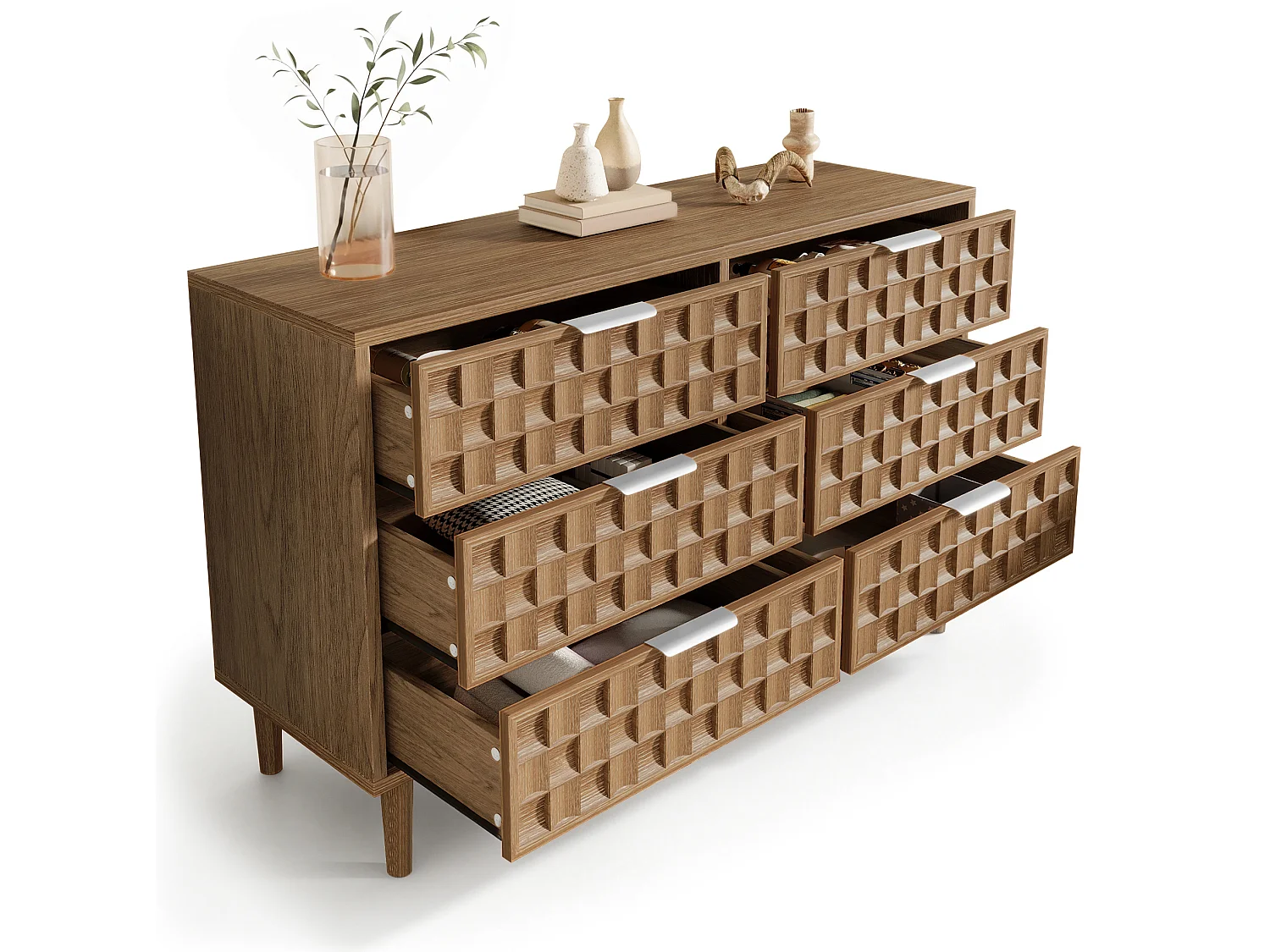 Commode met chocoladewafelpatroon en 6 lades - Donkere natuurlijke afwerking