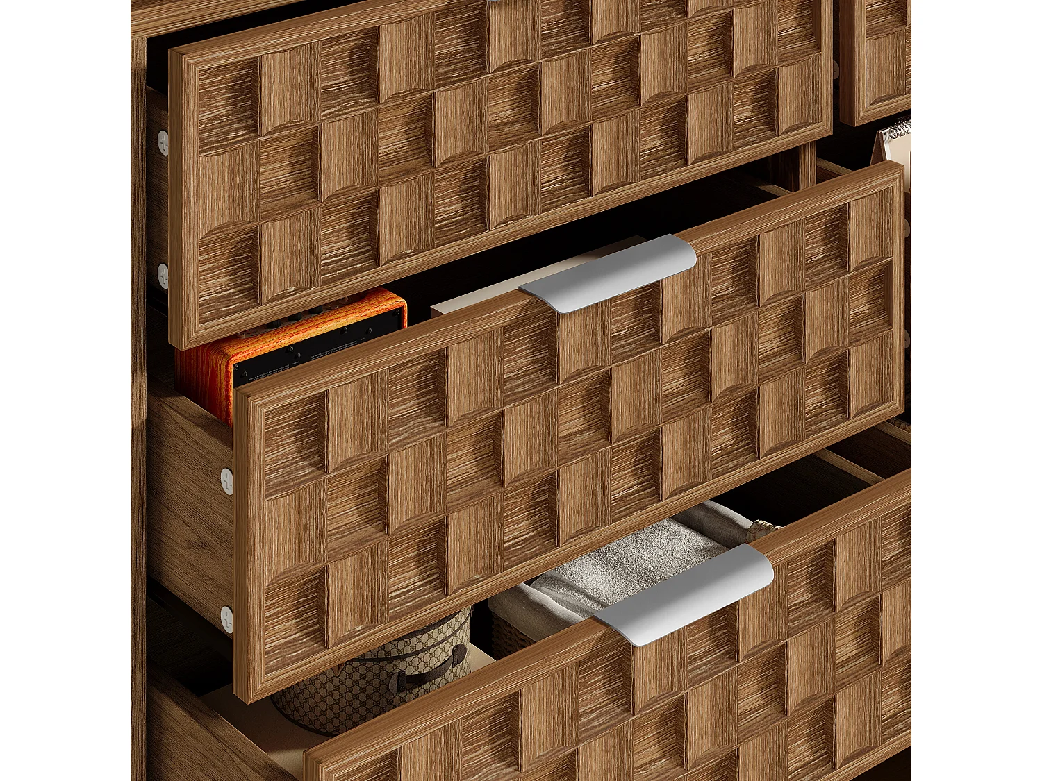 Commode met chocoladewafelpatroon en 6 lades - Donkere natuurlijke afwerking