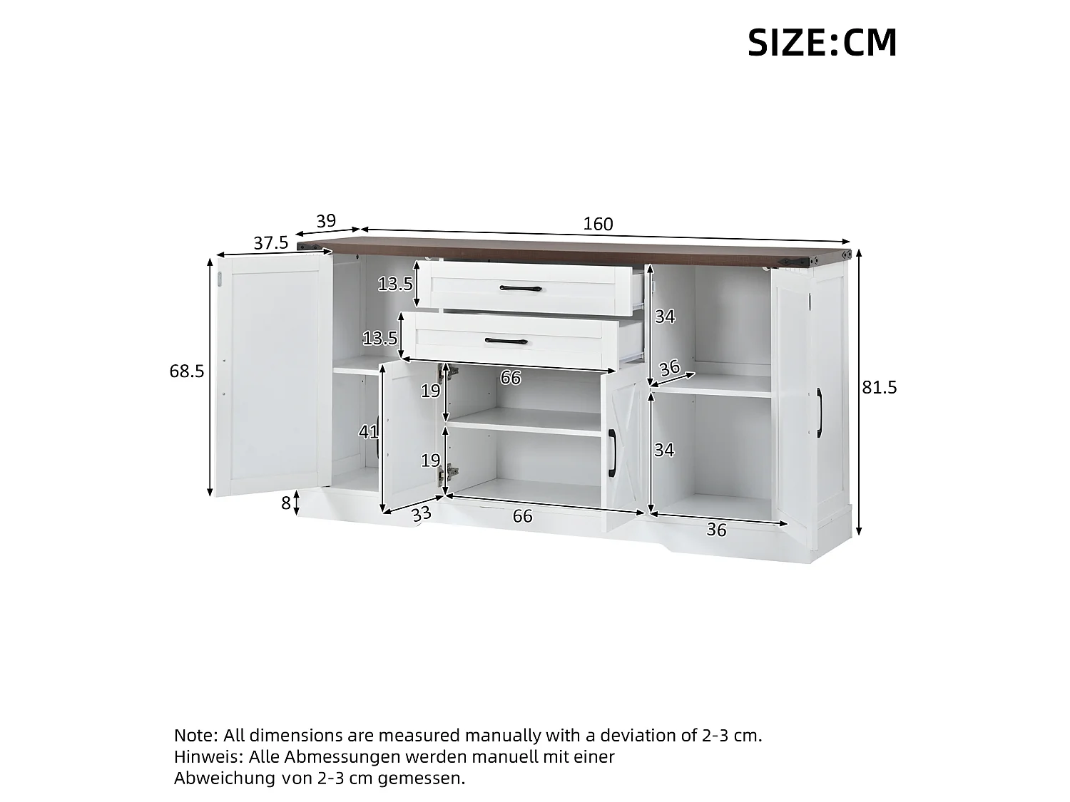 Buffet avec 4 portes et 2 tiroirs - Blanc et marron 160 x 39 x 81,5 cm