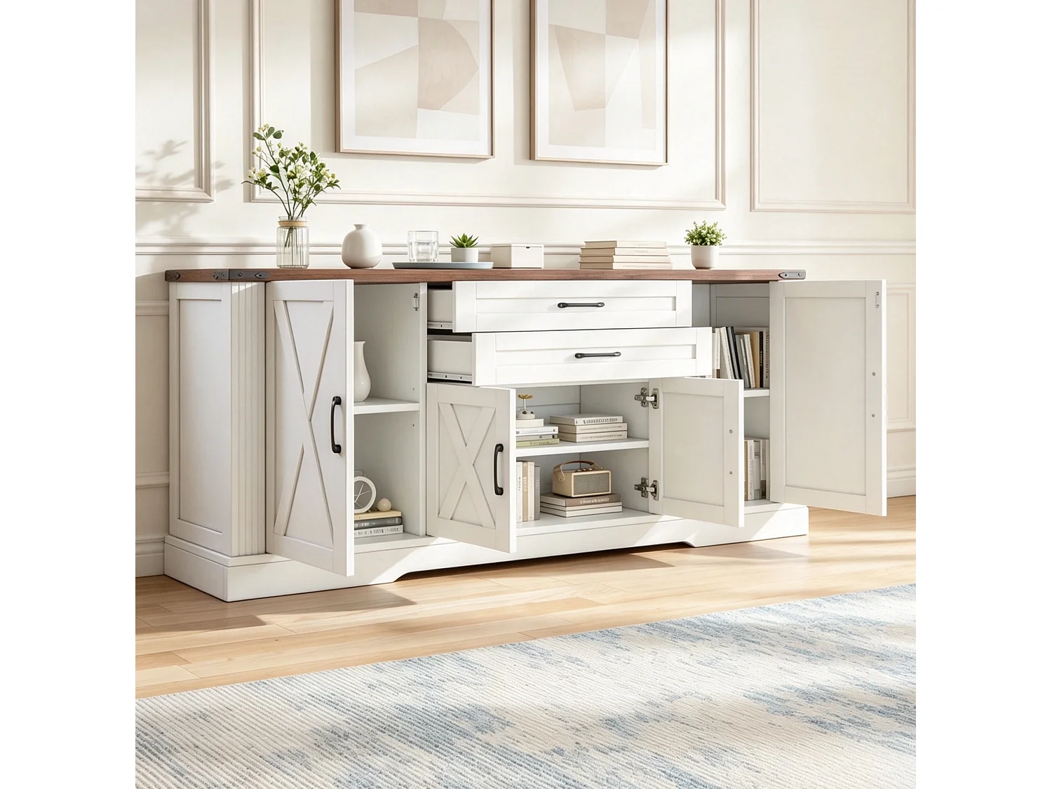 Buffet avec 4 portes et 2 tiroirs - Blanc et marron 160 x 39 x 81,5 cm