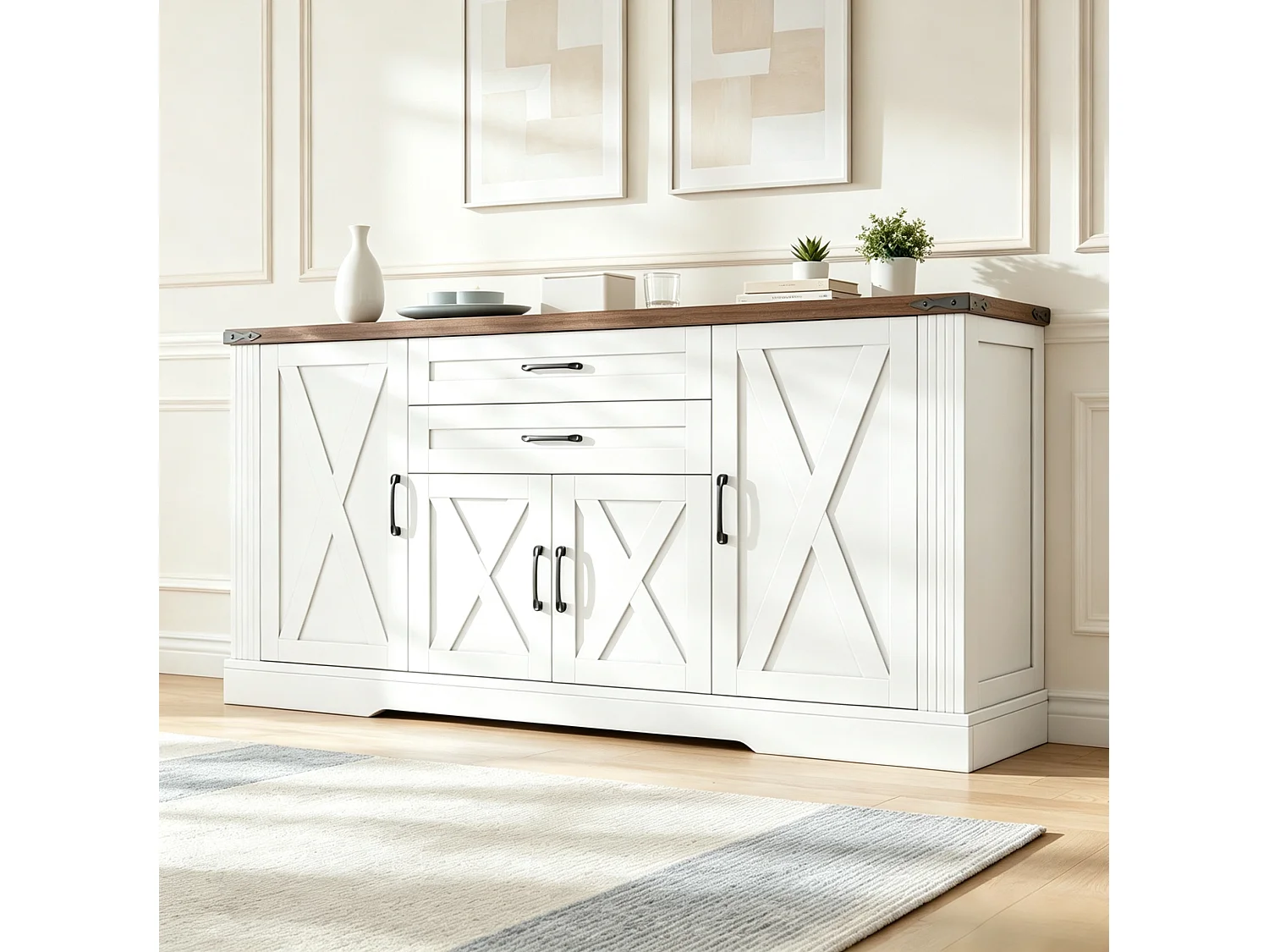 Buffet avec 4 portes et 2 tiroirs - Blanc et marron 160 x 39 x 81,5 cm