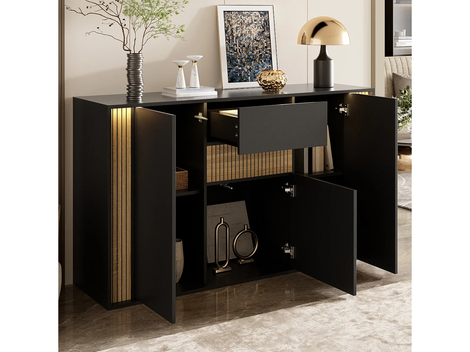 Credenza con 3 ante, 1 cassetto e illuminazione LED regolabile - Nero e legno naturale