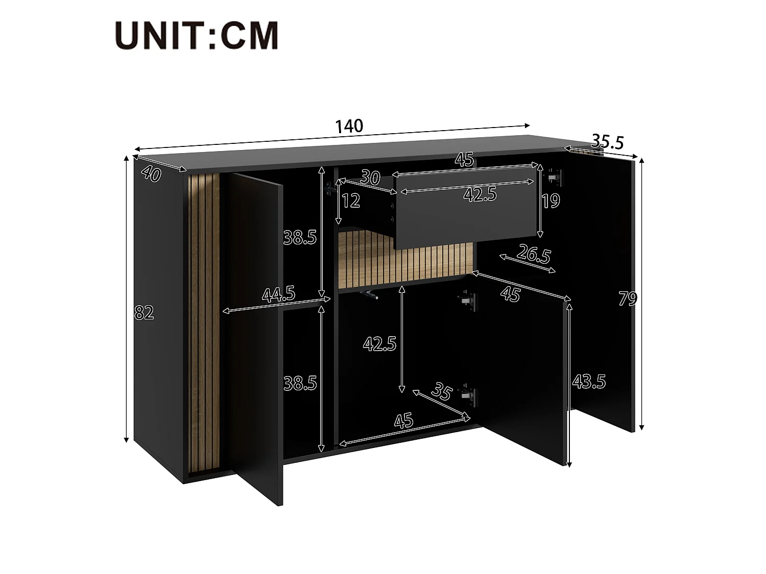 Credenza con 3 ante, 1 cassetto e illuminazione LED regolabile - Nero e legno naturale