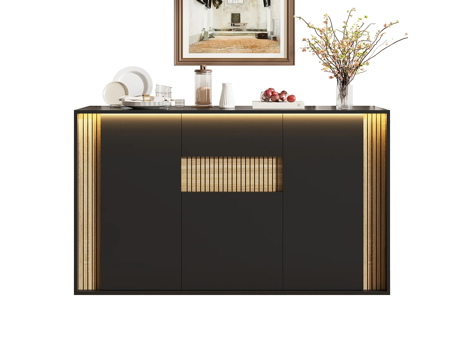 Credenza con 3 ante, 1 cassetto e illuminazione LED regolabile - Nero e legno naturale