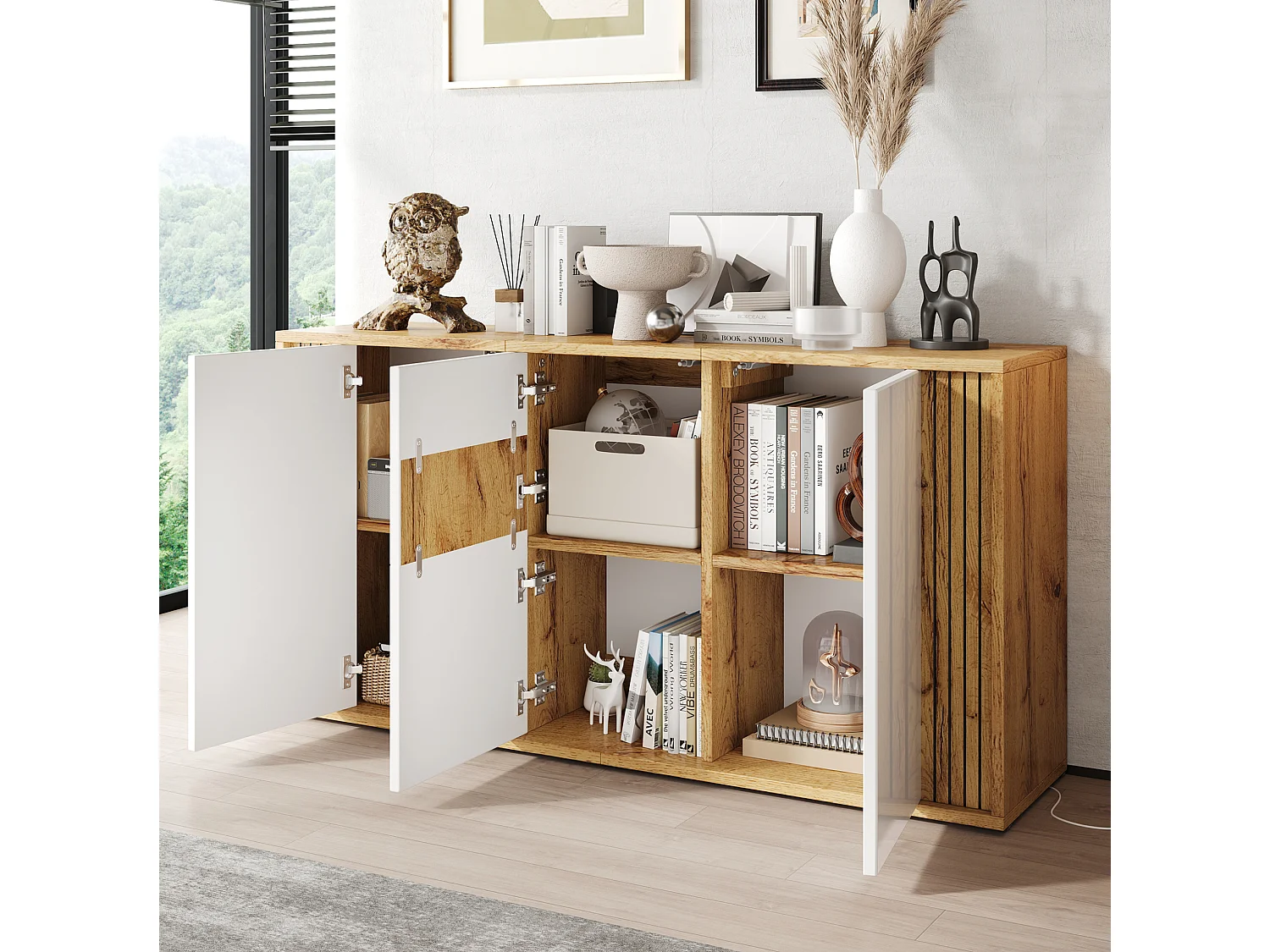 Buffet finition laquée brillante avec 3 portes - Blanc et bois 140×35×71cm