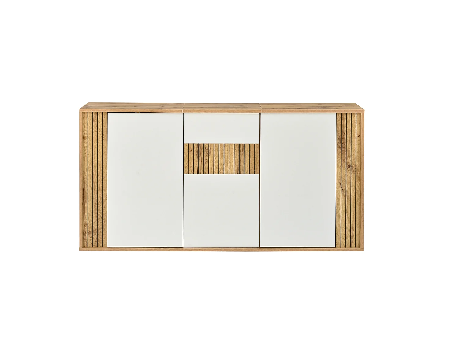 Buffet finition laquée brillante avec 3 portes - Blanc et bois 140×35×71cm