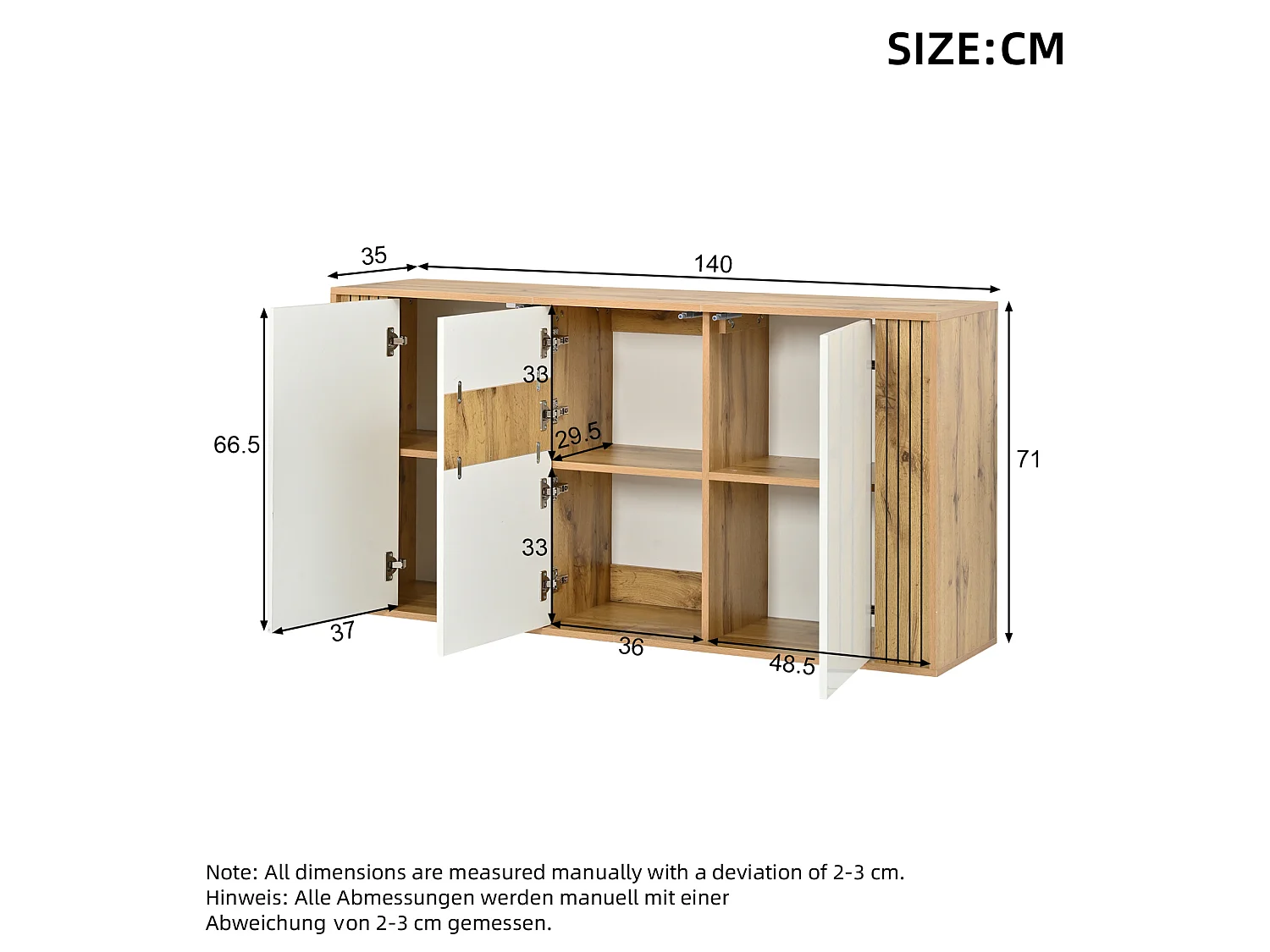 Buffet finition laquée brillante avec 3 portes - Blanc et bois 140×35×71cm