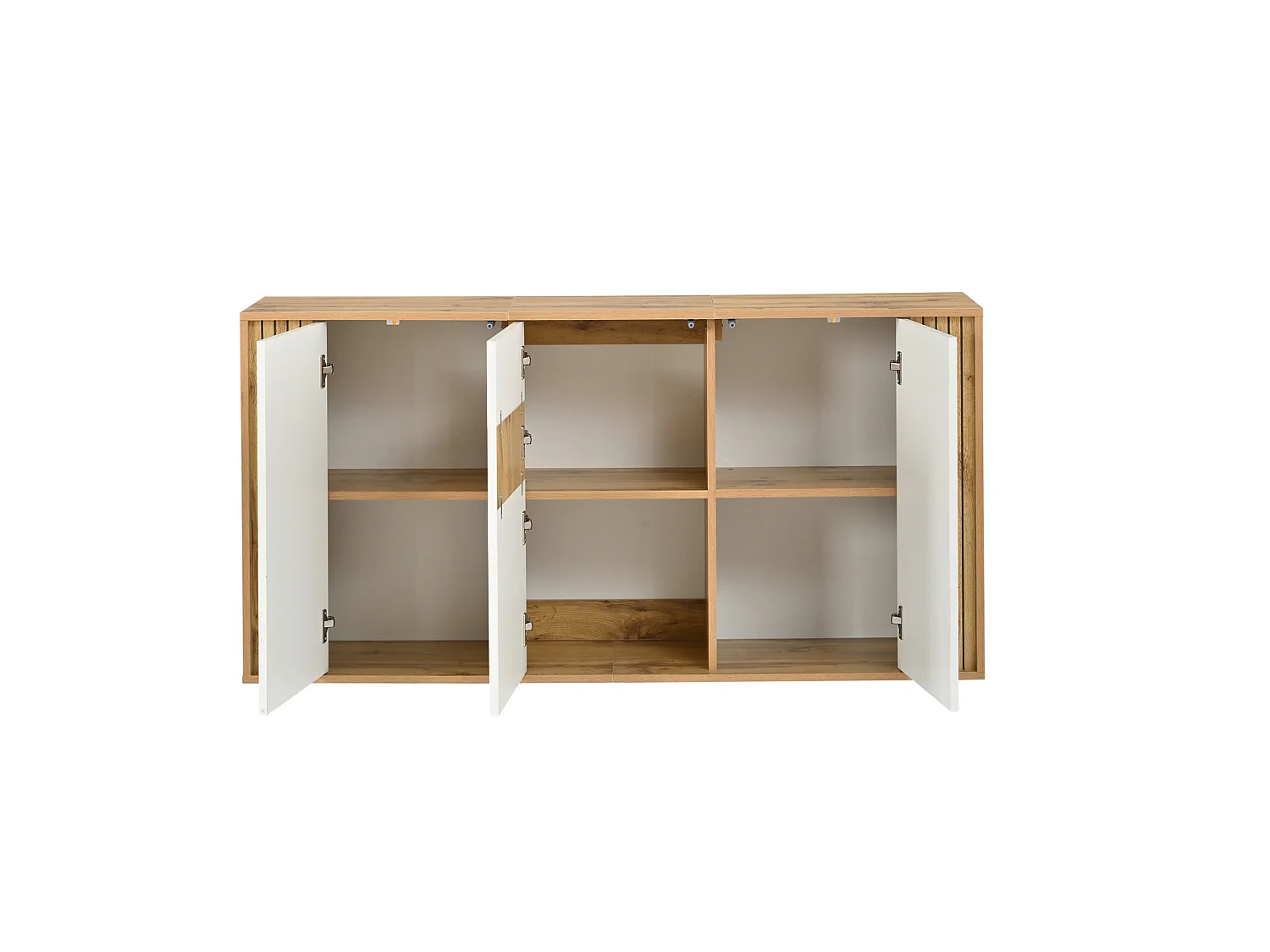 Buffet finition laquée brillante avec 3 portes - Blanc et bois 140×35×71cm
