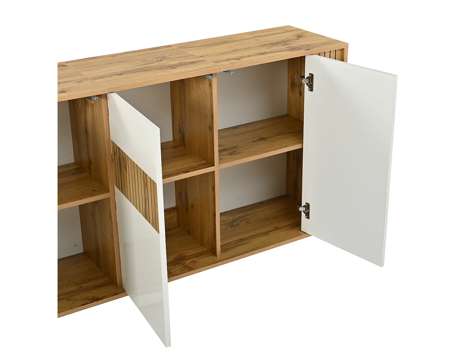Buffet finition laquée brillante avec 3 portes - Blanc et bois 140×35×71cm