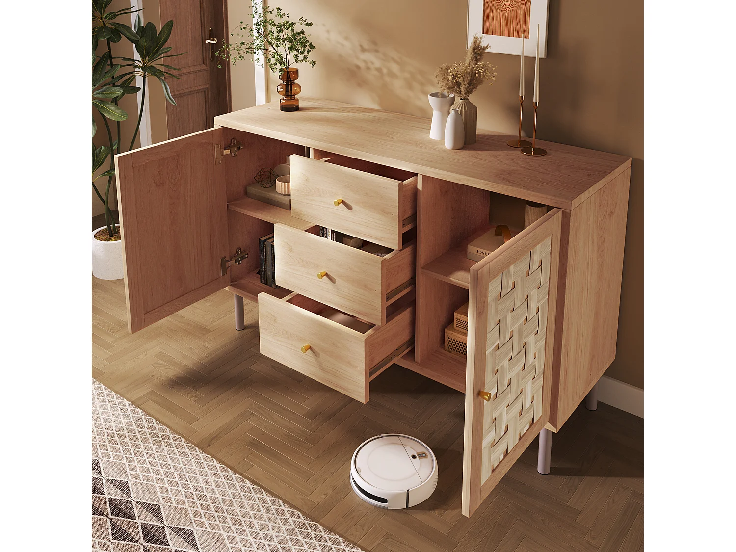 Buffet 120x40x75 cm avec 2 portes et 3 tiroirs - Pieds en métal - Naturel clair