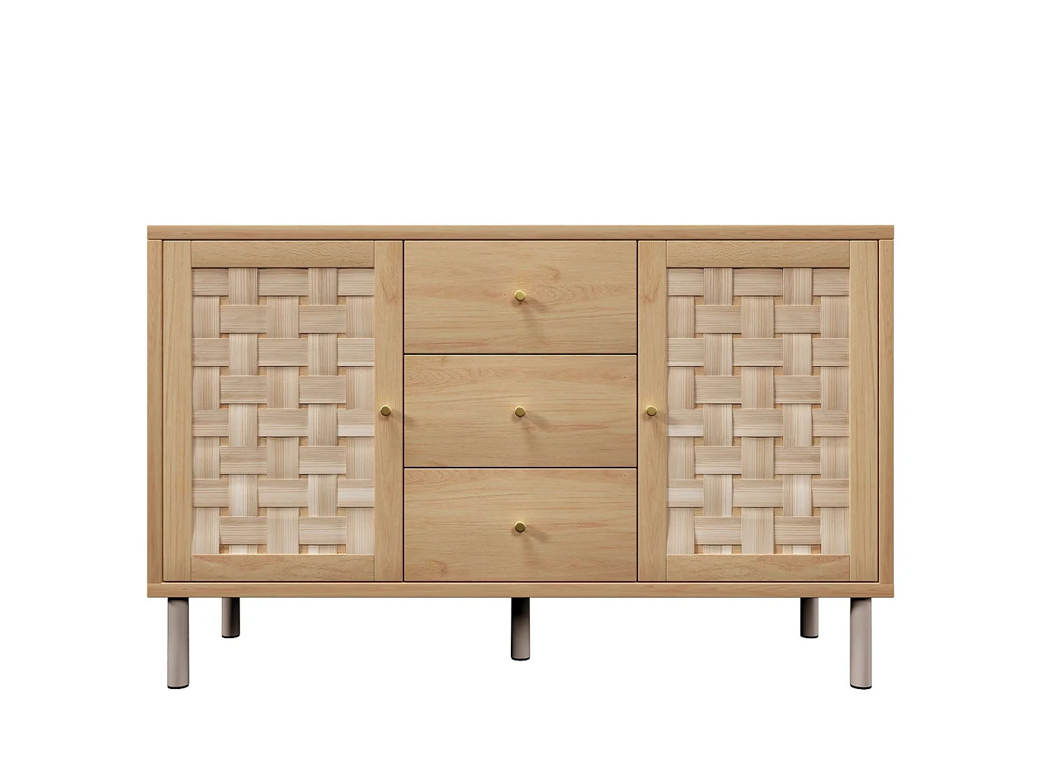 Buffet 120x40x75 cm avec 2 portes et 3 tiroirs - Pieds en métal - Naturel clair