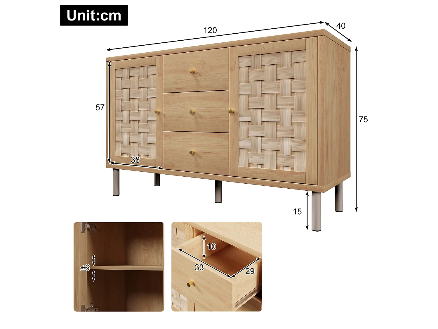 Buffet 120x40x75 cm avec 2 portes et 3 tiroirs - Pieds en métal - Naturel clair