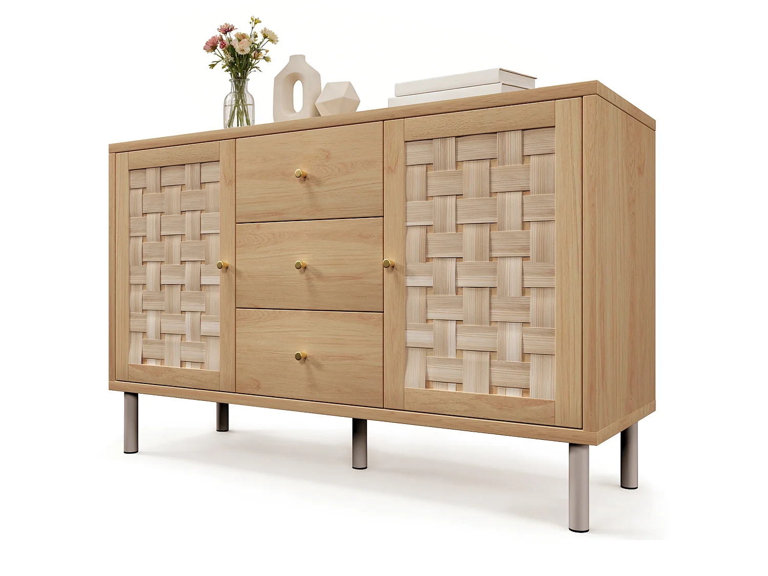 Buffet 120x40x75 cm avec 2 portes et 3 tiroirs - Pieds en métal - Naturel clair
