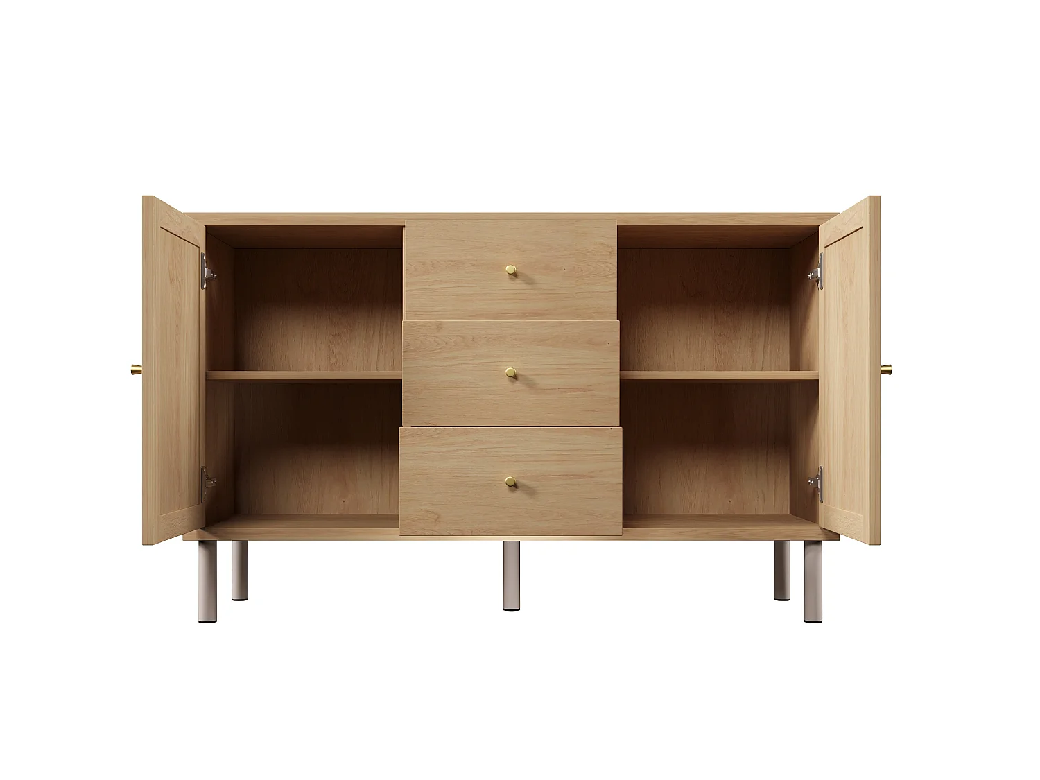 Buffet 120x40x75 cm avec 2 portes et 3 tiroirs - Pieds en métal - Naturel clair