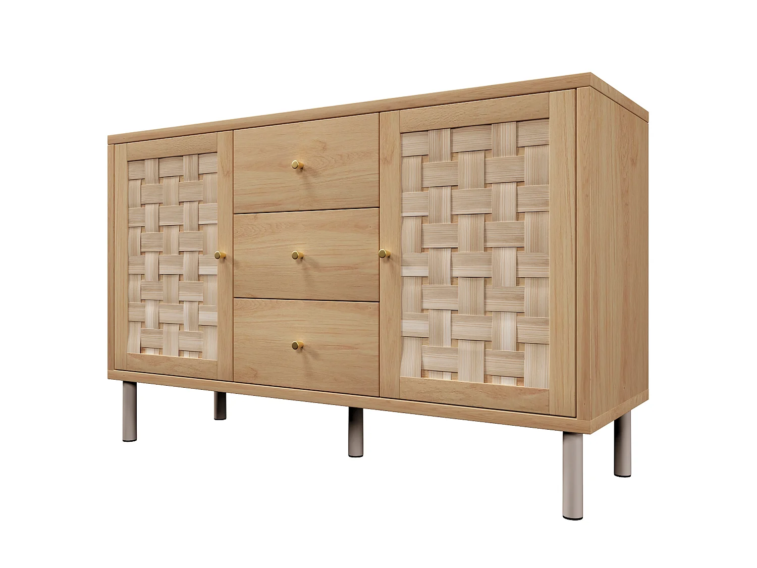 Buffet 120x40x75 cm avec 2 portes et 3 tiroirs - Pieds en métal - Naturel clair