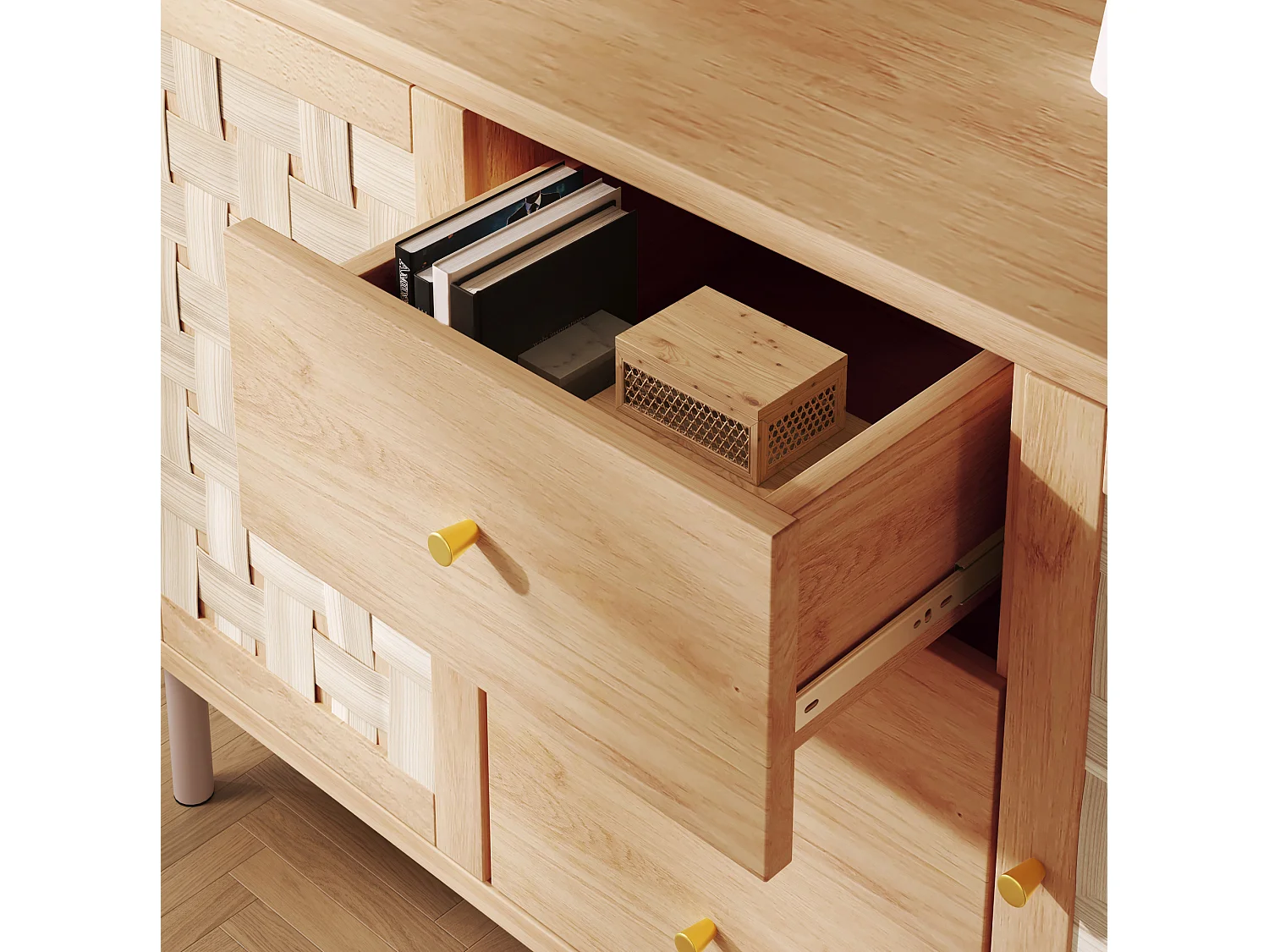 Buffet 120x40x75 cm avec 2 portes et 3 tiroirs - Pieds en métal - Naturel clair