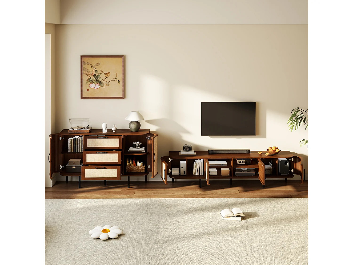 Ensemble buffet et meuble TV avec façade tressée - Marron