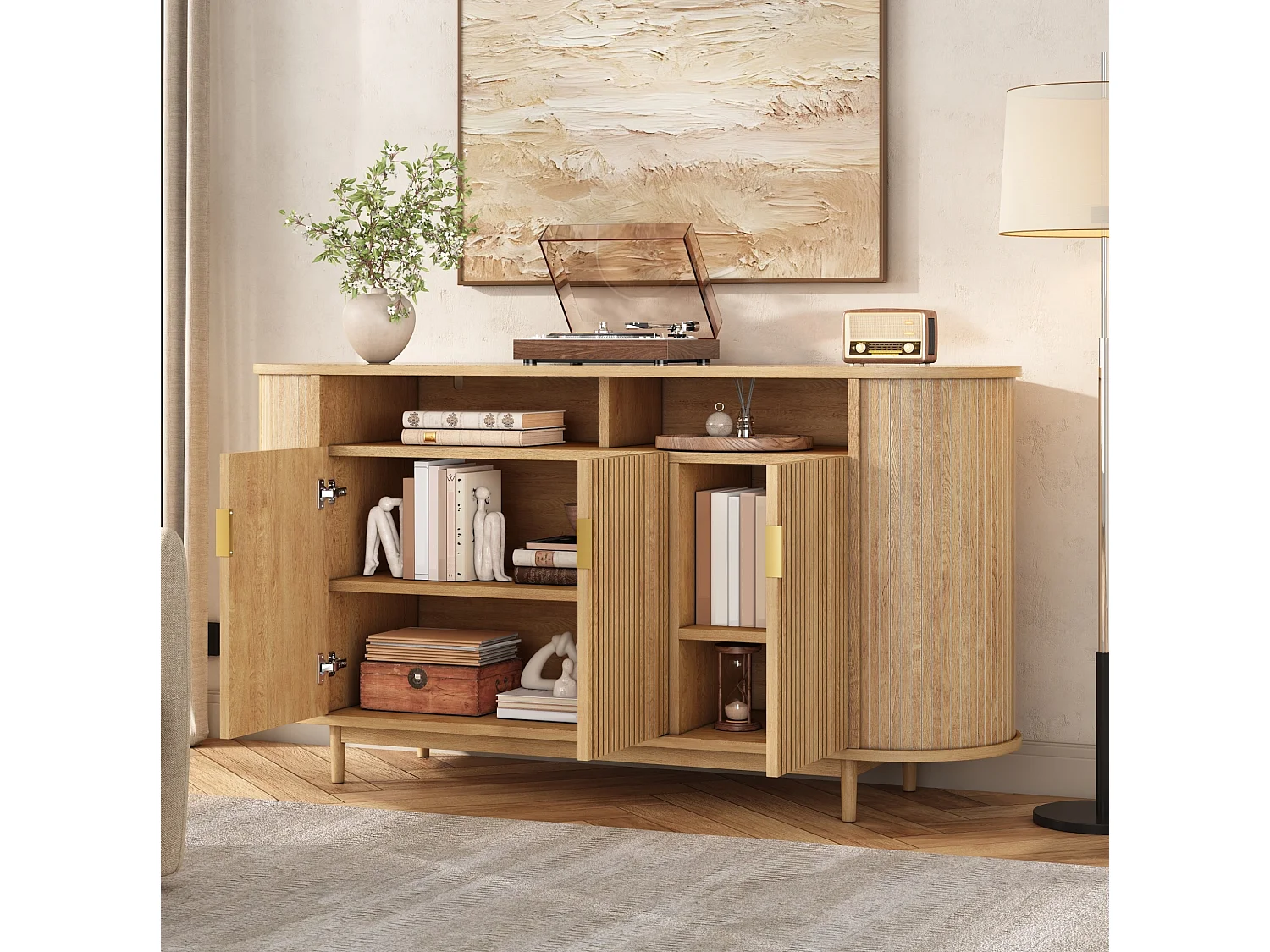 Buffet avec 3 portes à lignes verticales - Naturel clair 140 x 40 x 78 cm