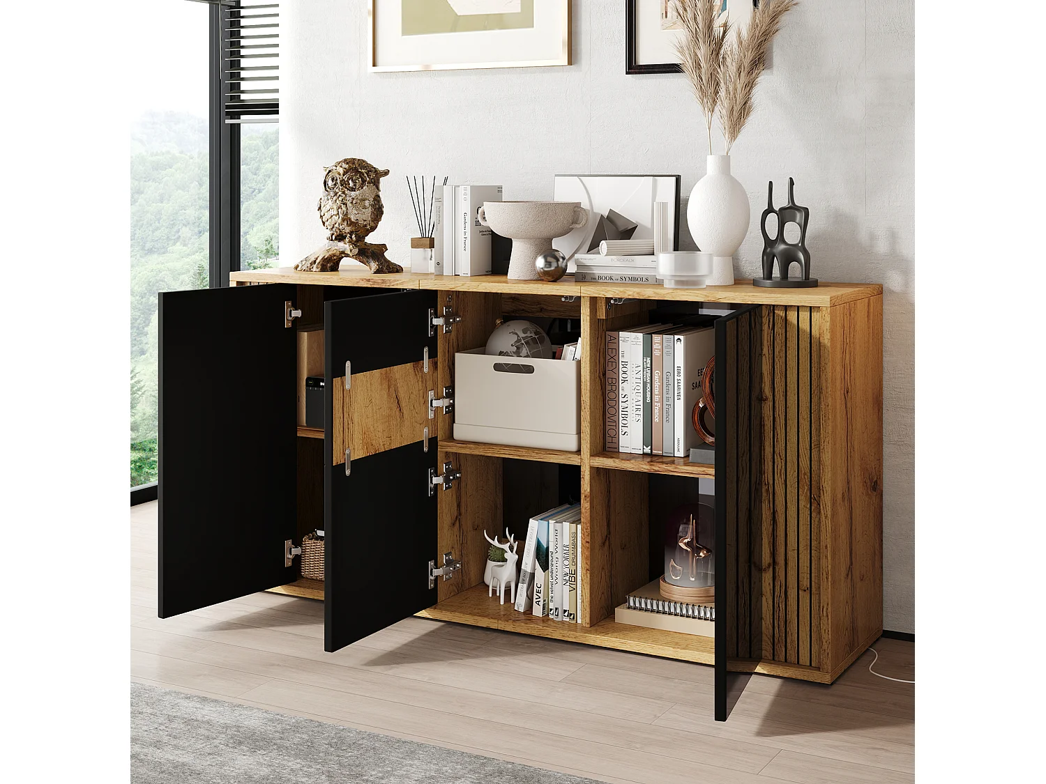 Buffet finition laquée brillante avec 3 portes - Noir et bois 140×35×71cm