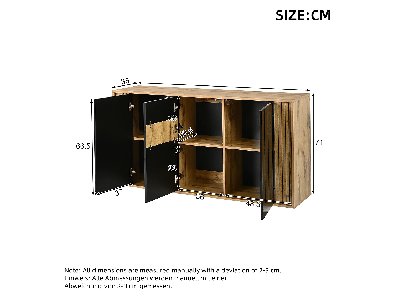 Buffet finition laquée brillante avec 3 portes - Noir et bois 140×35×71cm