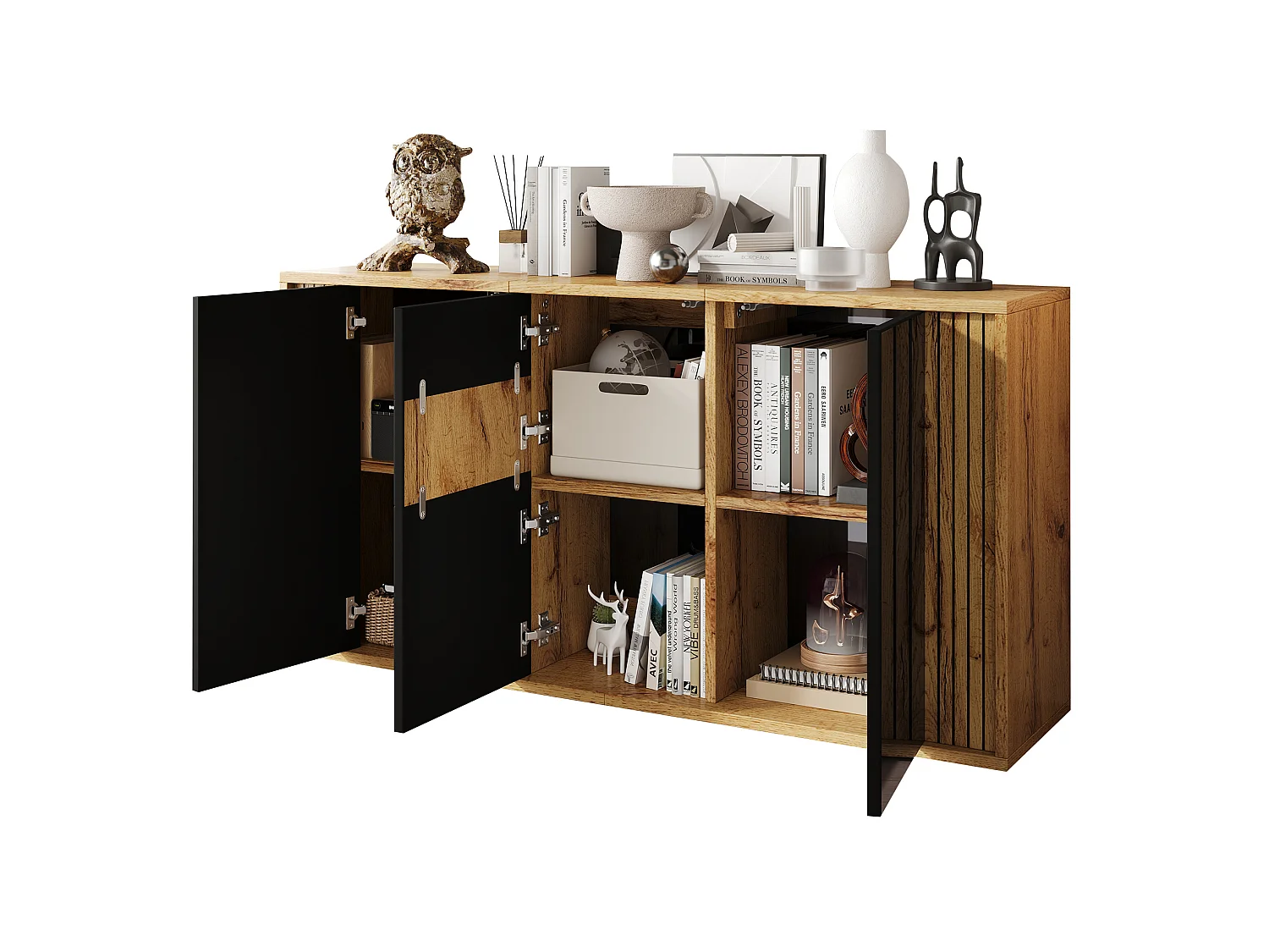 Buffet finition laquée brillante avec 3 portes - Noir et bois 140×35×71cm