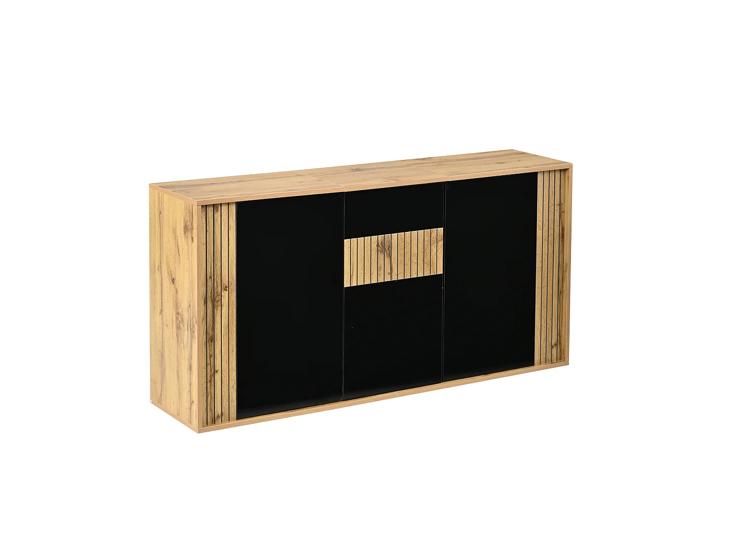 Buffet finition laquée brillante avec 3 portes - Noir et bois 140×35×71cm