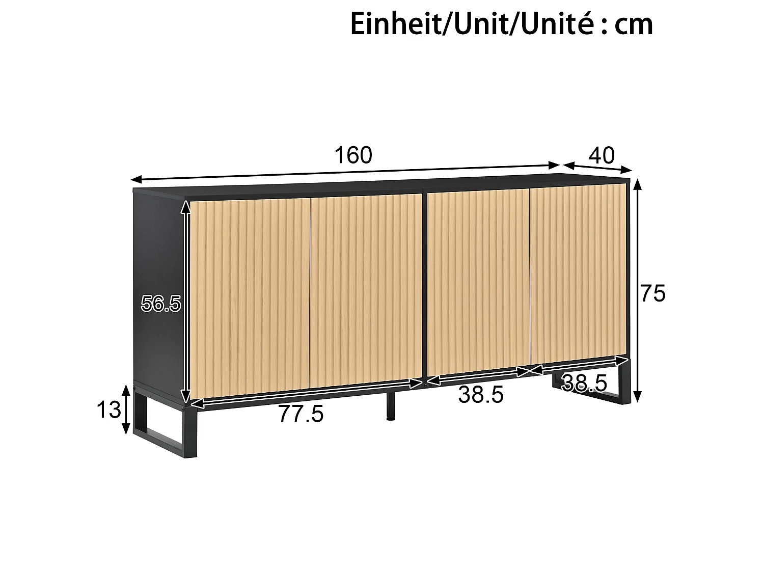 Buffet avec 4 portes - Couleur bois et noir 160 x 40 x 75 cm