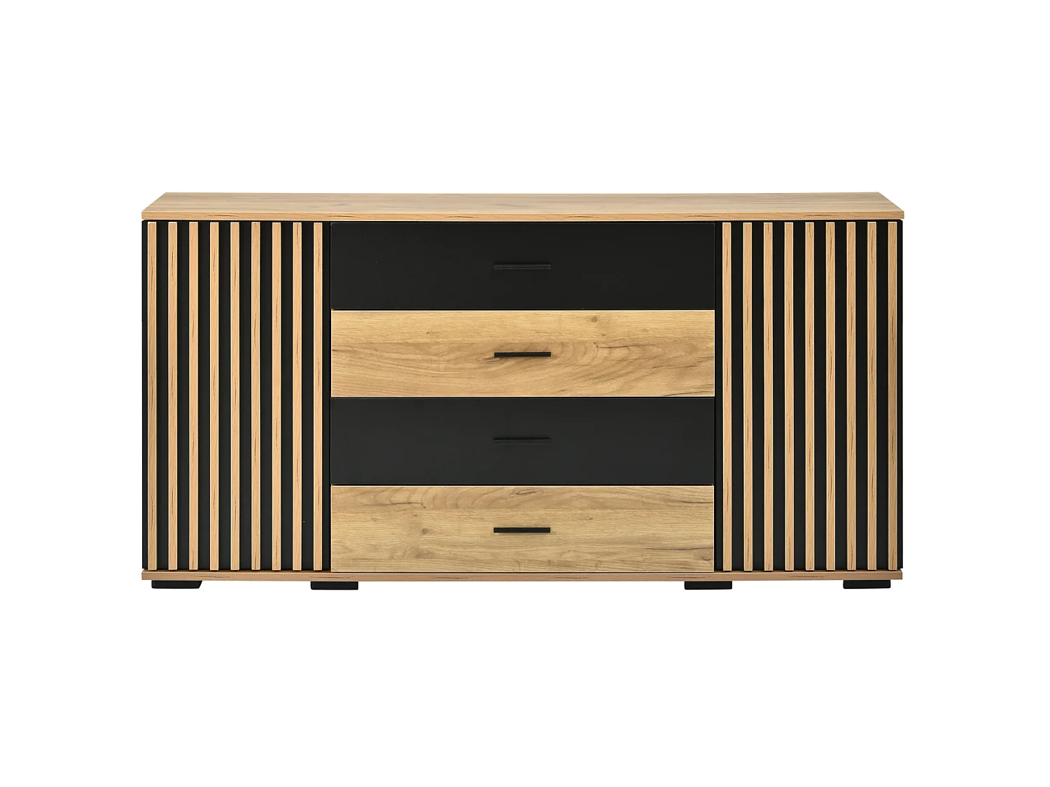 Dressoir 140x35x70cm van MDF met 4 lades en 2 deuren met groeven - Hout en zwart