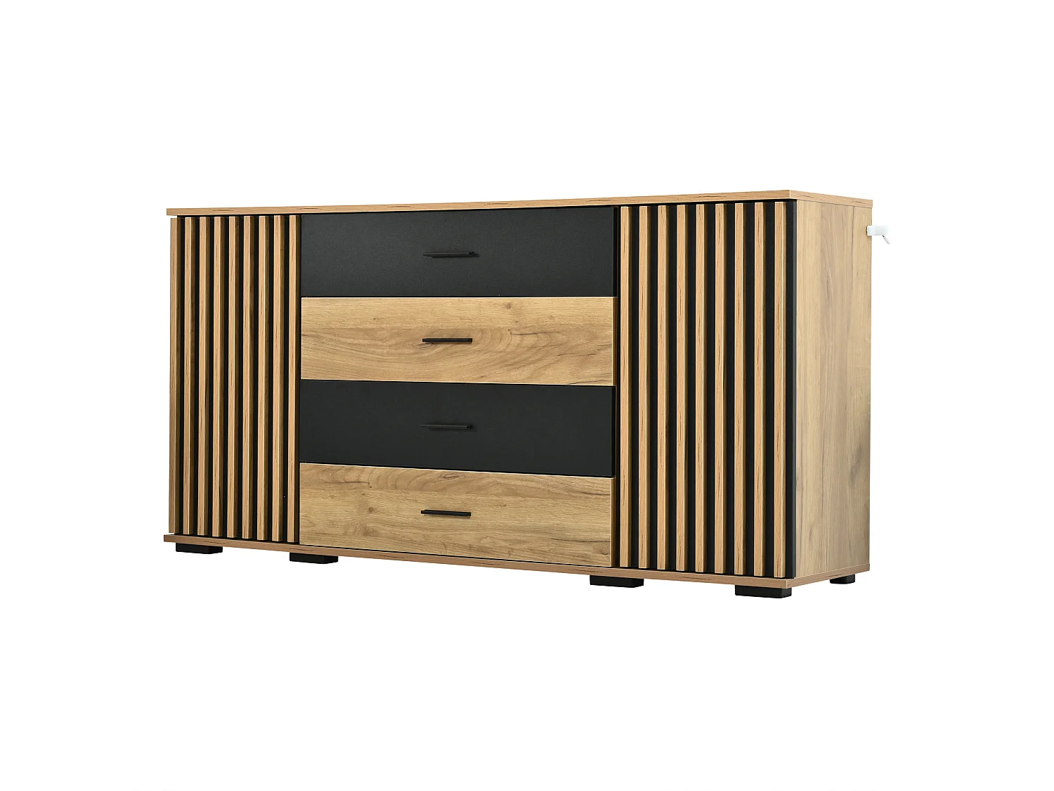 Dressoir 140x35x70cm van MDF met 4 lades en 2 deuren met groeven - Hout en zwart