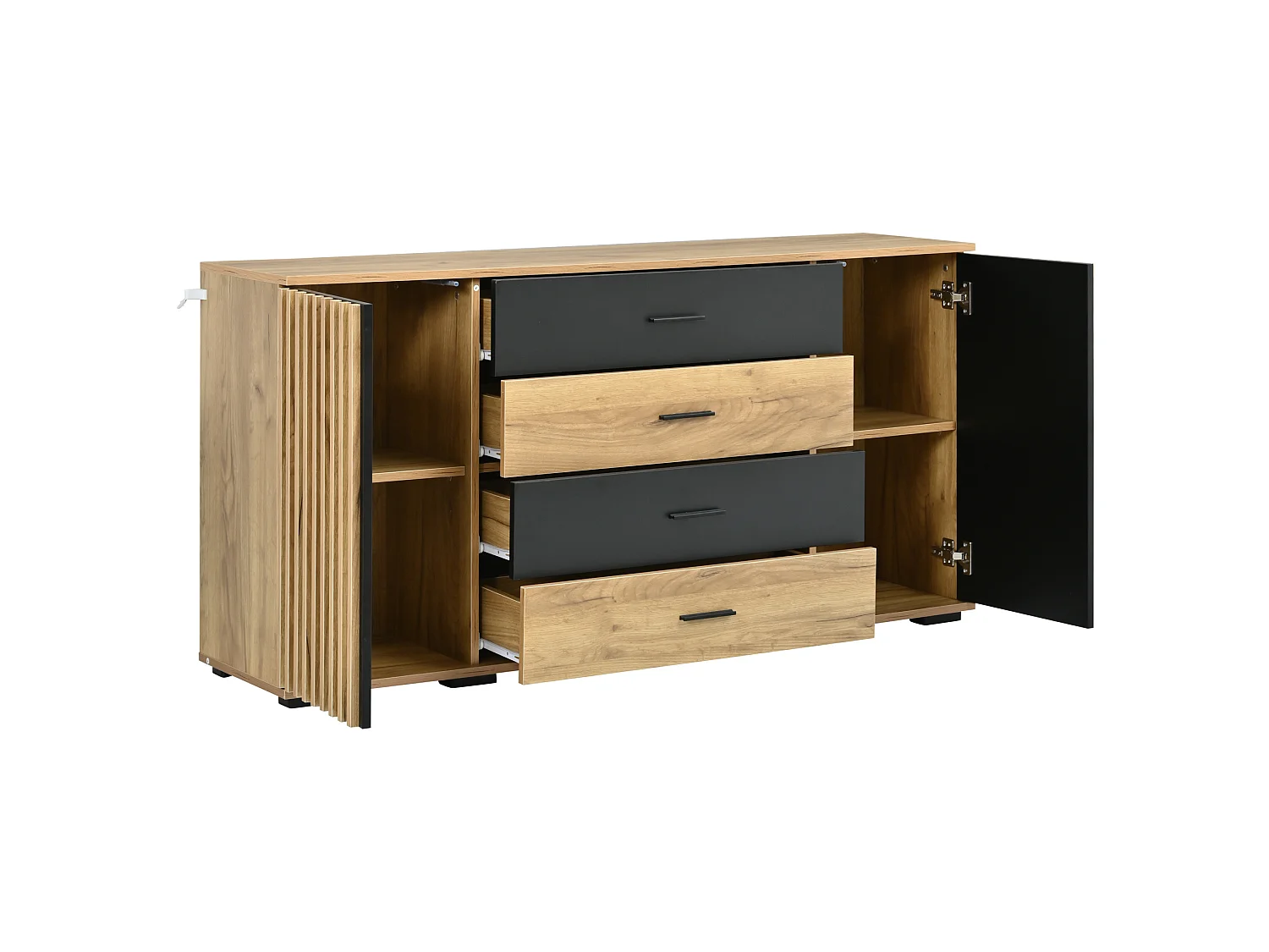 Dressoir 140x35x70cm van MDF met 4 lades en 2 deuren met groeven - Hout en zwart
