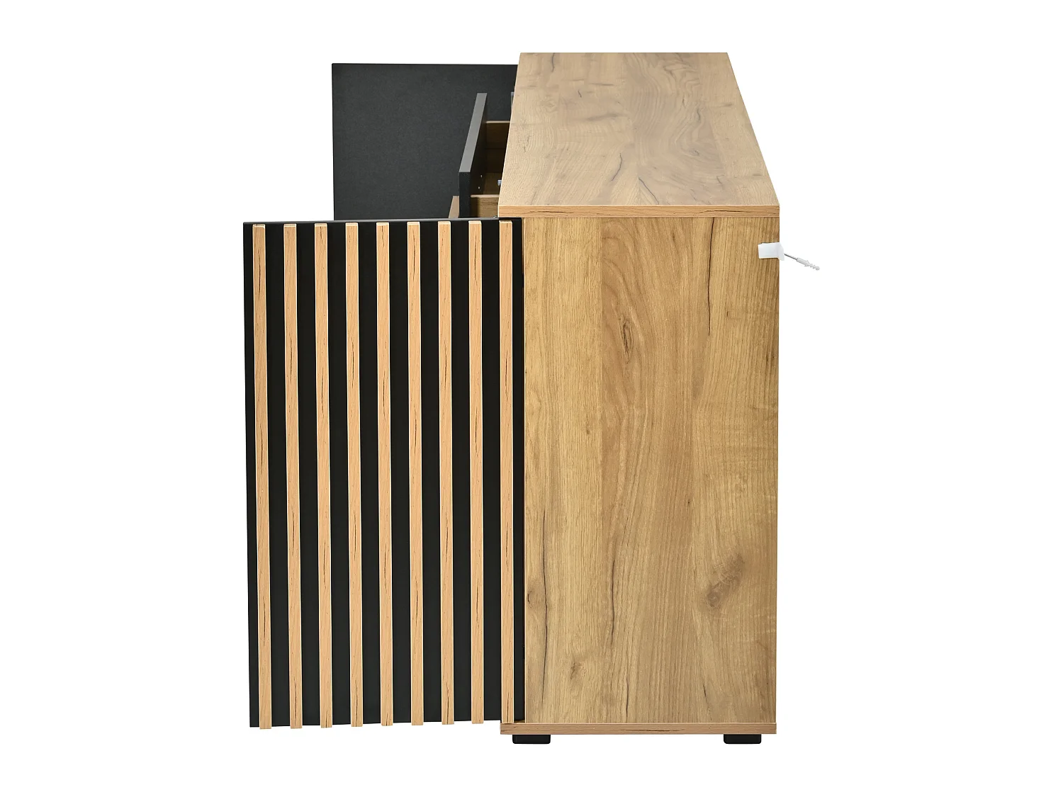 Dressoir 140x35x70cm van MDF met 4 lades en 2 deuren met groeven - Hout en zwart