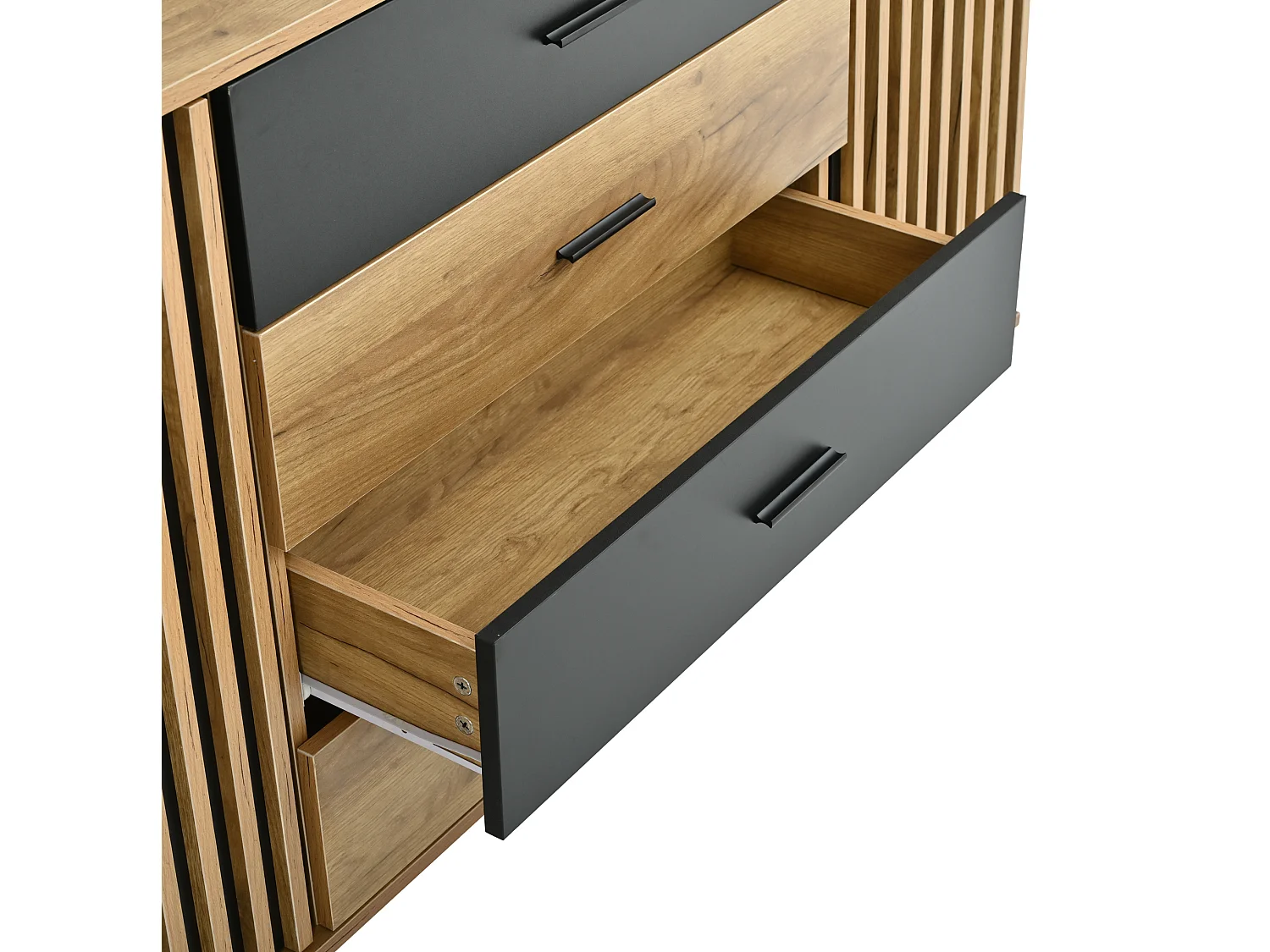 Dressoir 140x35x70cm van MDF met 4 lades en 2 deuren met groeven - Hout en zwart