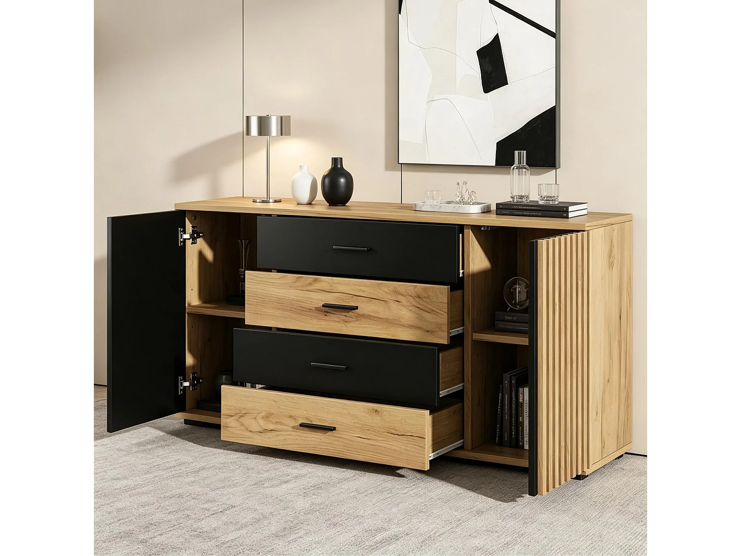 Dressoir 140x35x70cm van MDF met 4 lades en 2 deuren met groeven - Hout en zwart
